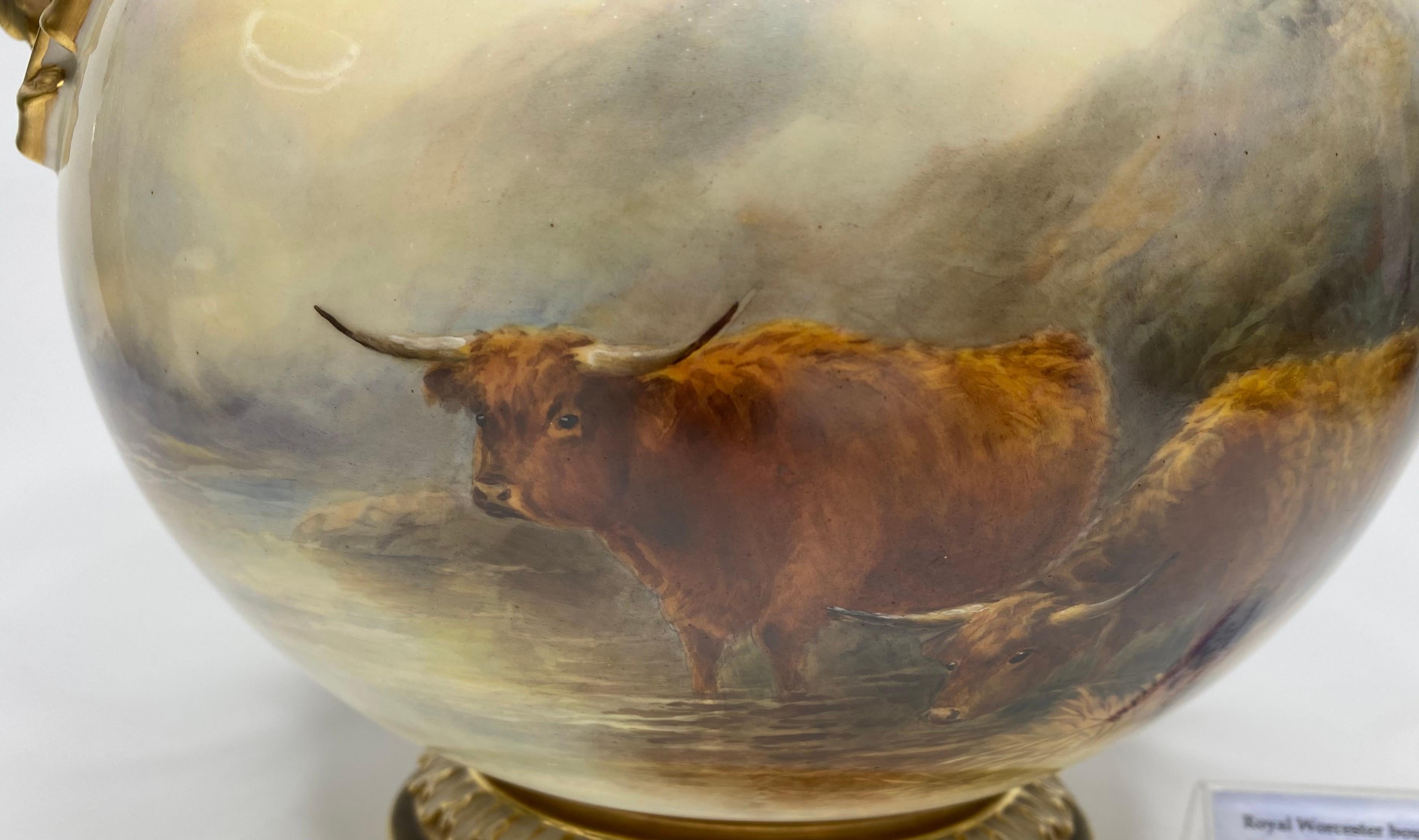 Royal Worcester porcelain bough pot, John Stinton, dated 1918. Finely hand painted with a scene of Highland Cattle, at a river, in an atmospheric Highland setting. The reverse with a continuation of the river landscape.
The pot having elaborately