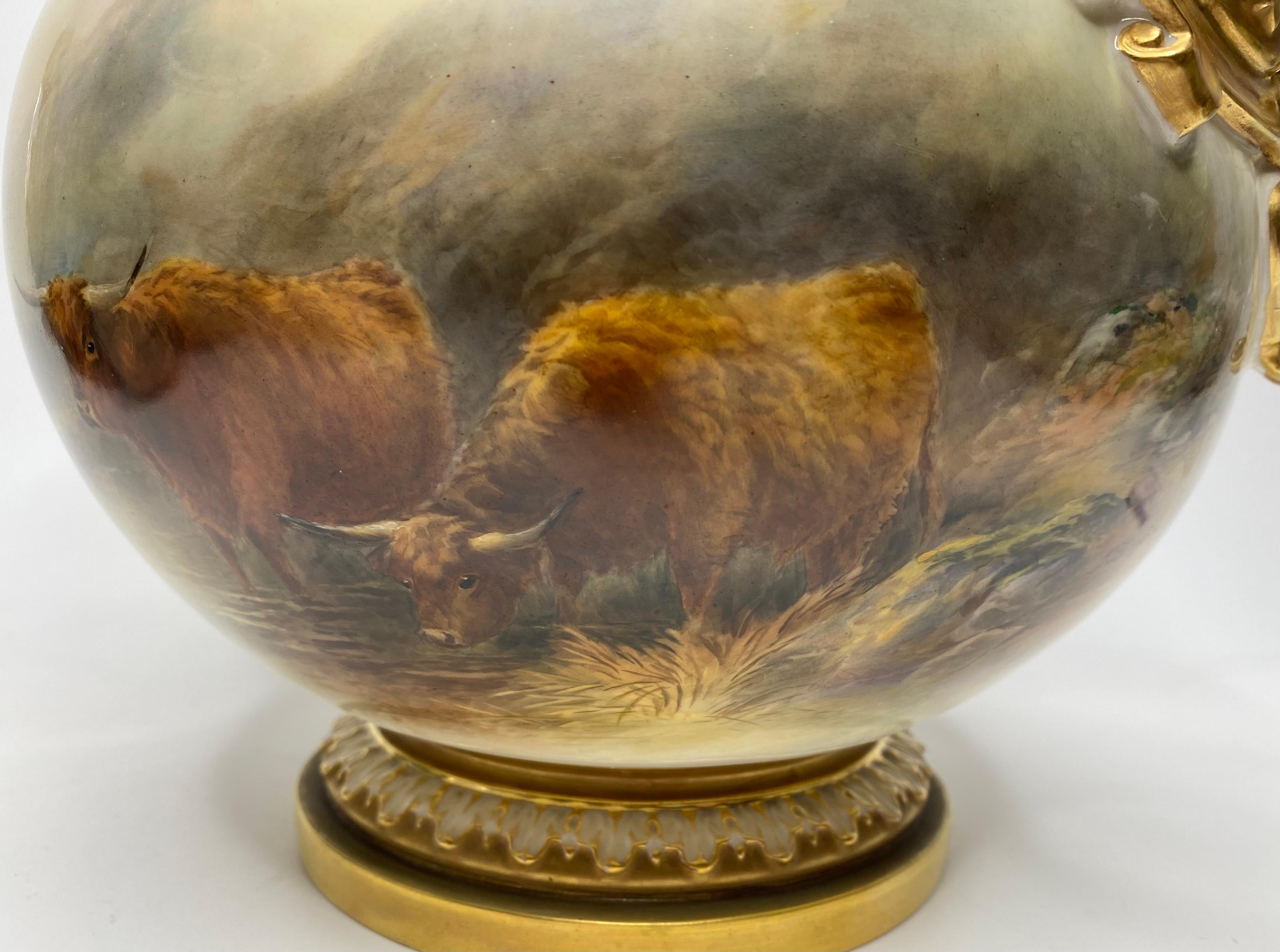 Victorian Royal Worcester bough pot, Highland Cattle, John Stinton, d. 1918. For Sale