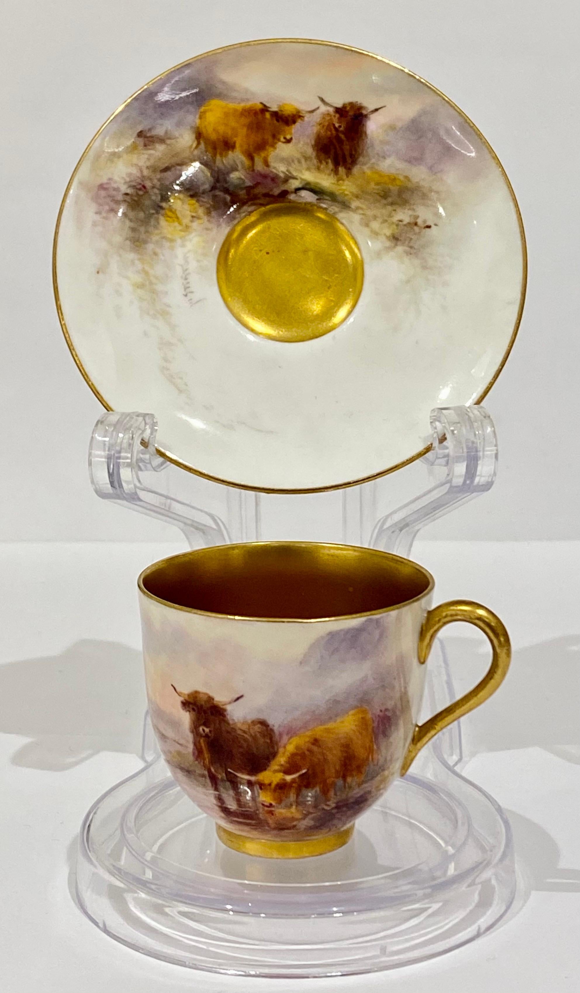A fine quality Royal Worcester cased coffee set decorated with British Highland Cattle by James Stinton. Each cattle decorated cup has its matching saucer.
An exceptional original set, all pieces Factory marked with date codes for c1925. All signed