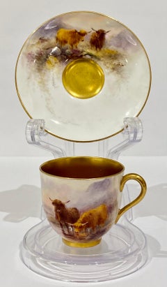Royal Worcester Cased Coffee Set Decorated with Highland Cattle