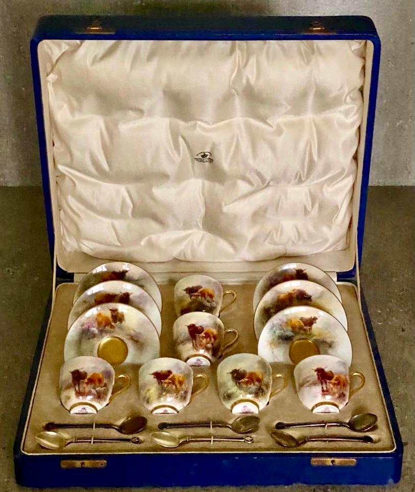 Royal Worcester Cased Coffee Set Decorated with Highland Cattle 3