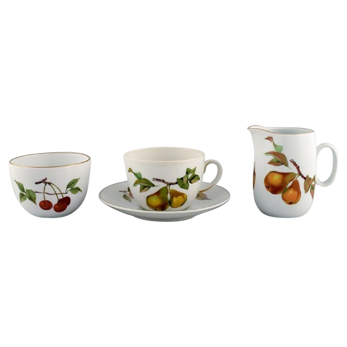 Royal Worcester, Inghilterra. Tazza di porcellana Evesham con zuccheriera e caraffa per panna