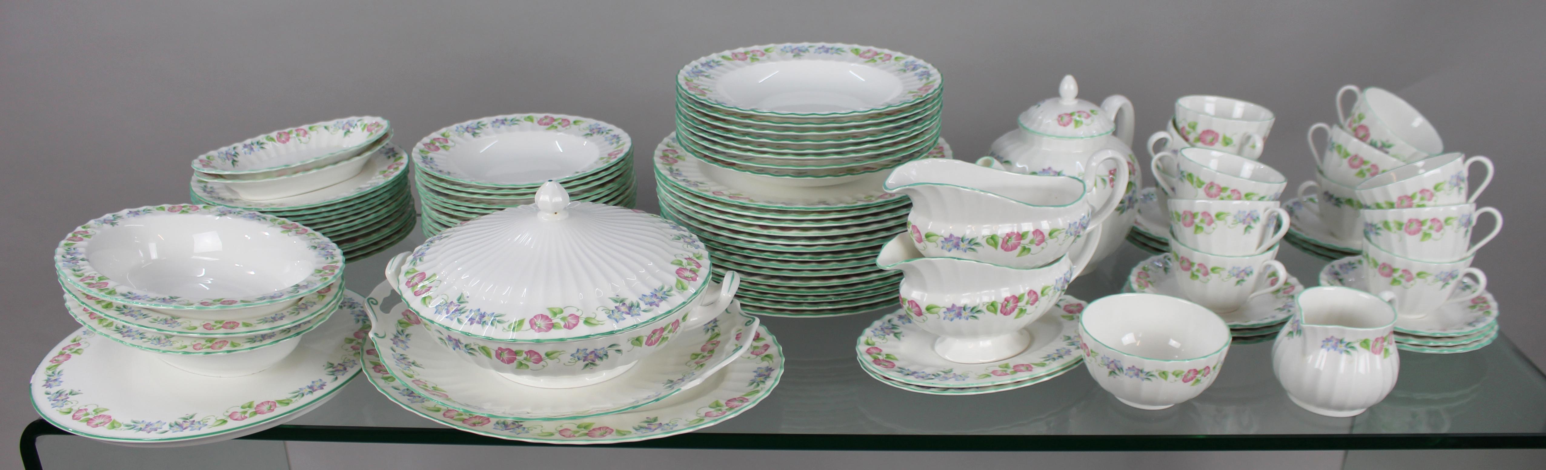 Royal Worcester English garden dinner service 


Late 20th century, English, c.1983

Royal Worcester, English Garden pattern, all pieces stamped by the factory to the underside

Fine bone china in white & green with floral decoration. 12