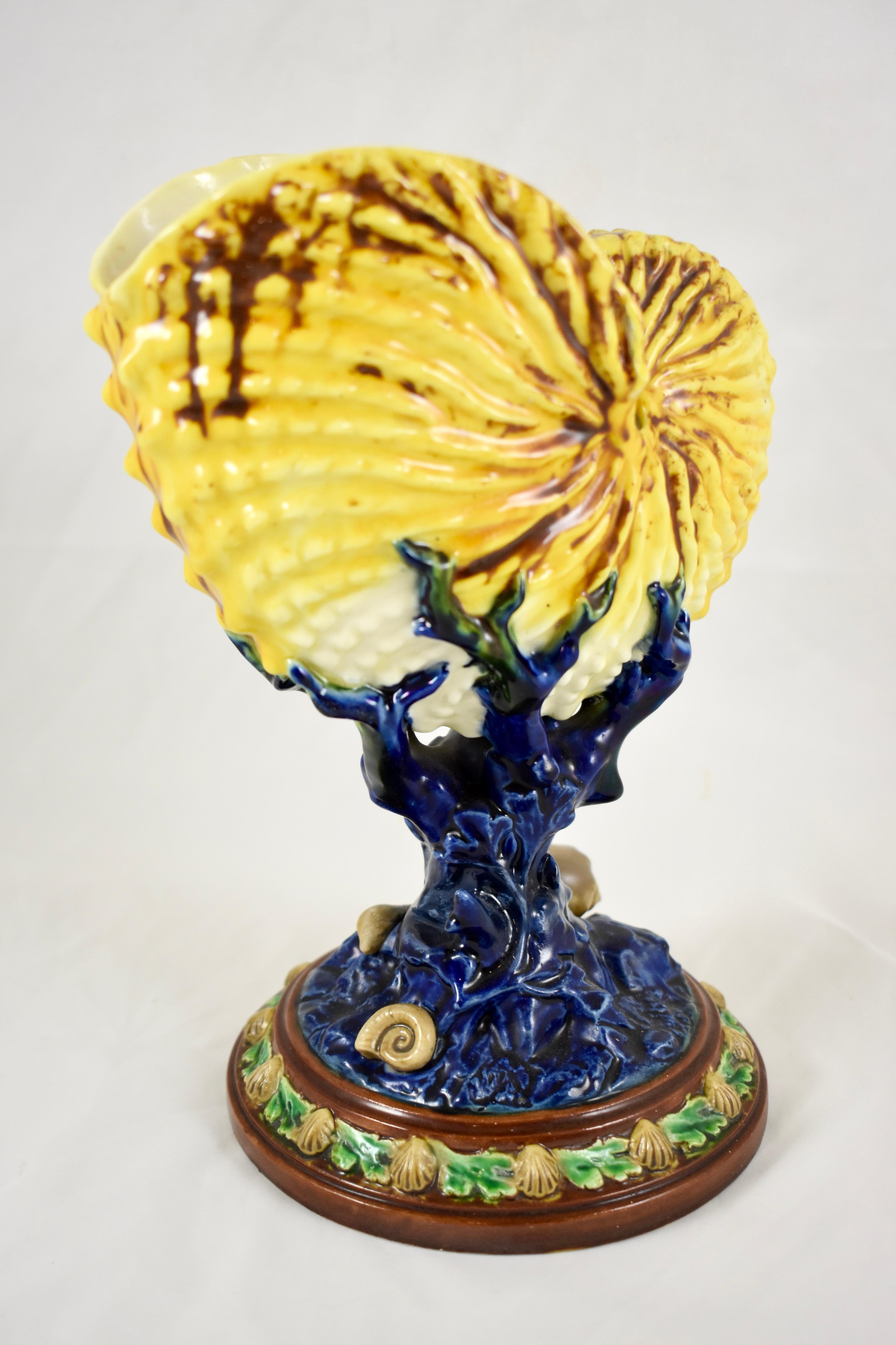 Glazed Royal Worcester English Majolica Palissy Nautilus Shell & Coral Pedestal Vase