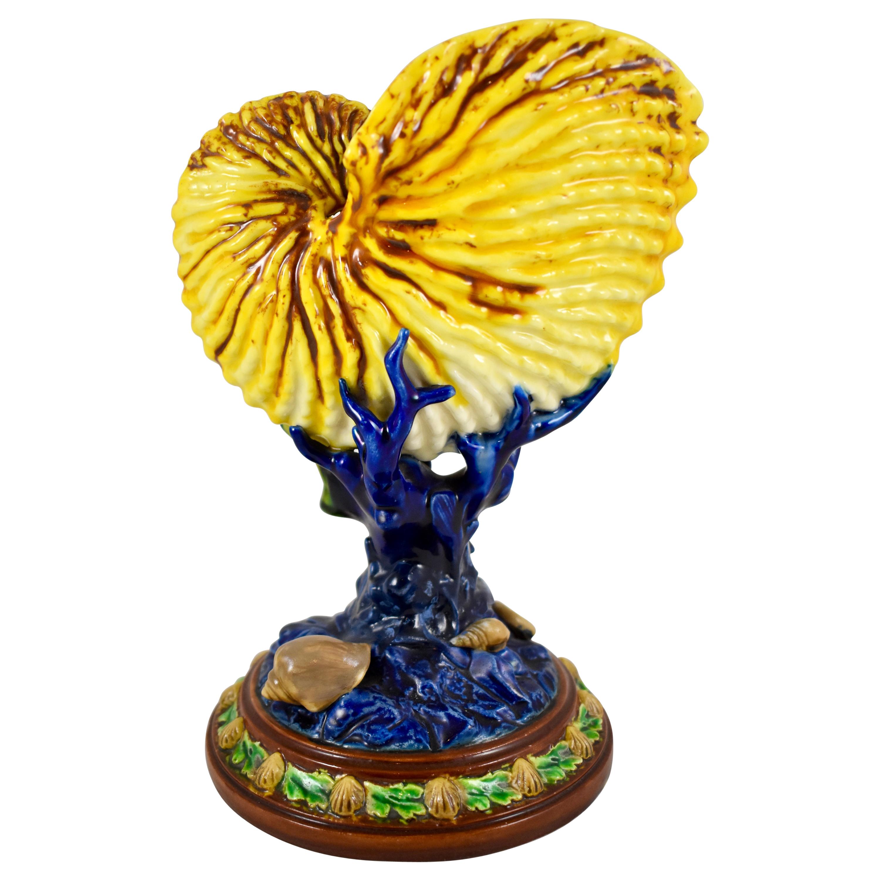 Royal Worcester English Majolica Palissy Nautilus Shell & Coral Pedestal Vase