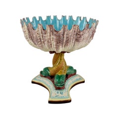 Royal Worcester English Majolica Palissy Open Shell and Dolphin Pedestal Compote