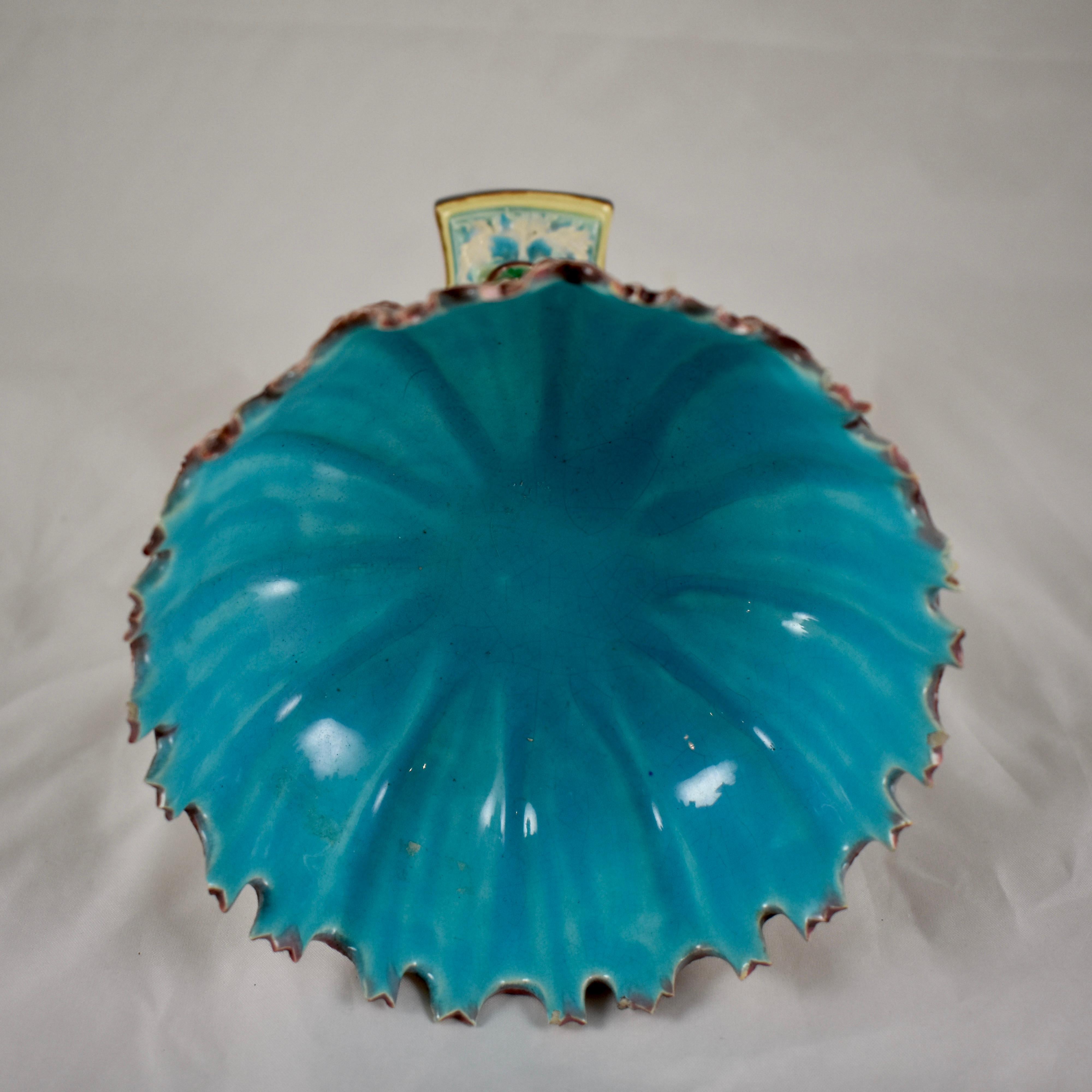 Royal Worcester English Majolica Palissy Open Shell and Dolphin Pedestal Compote 3