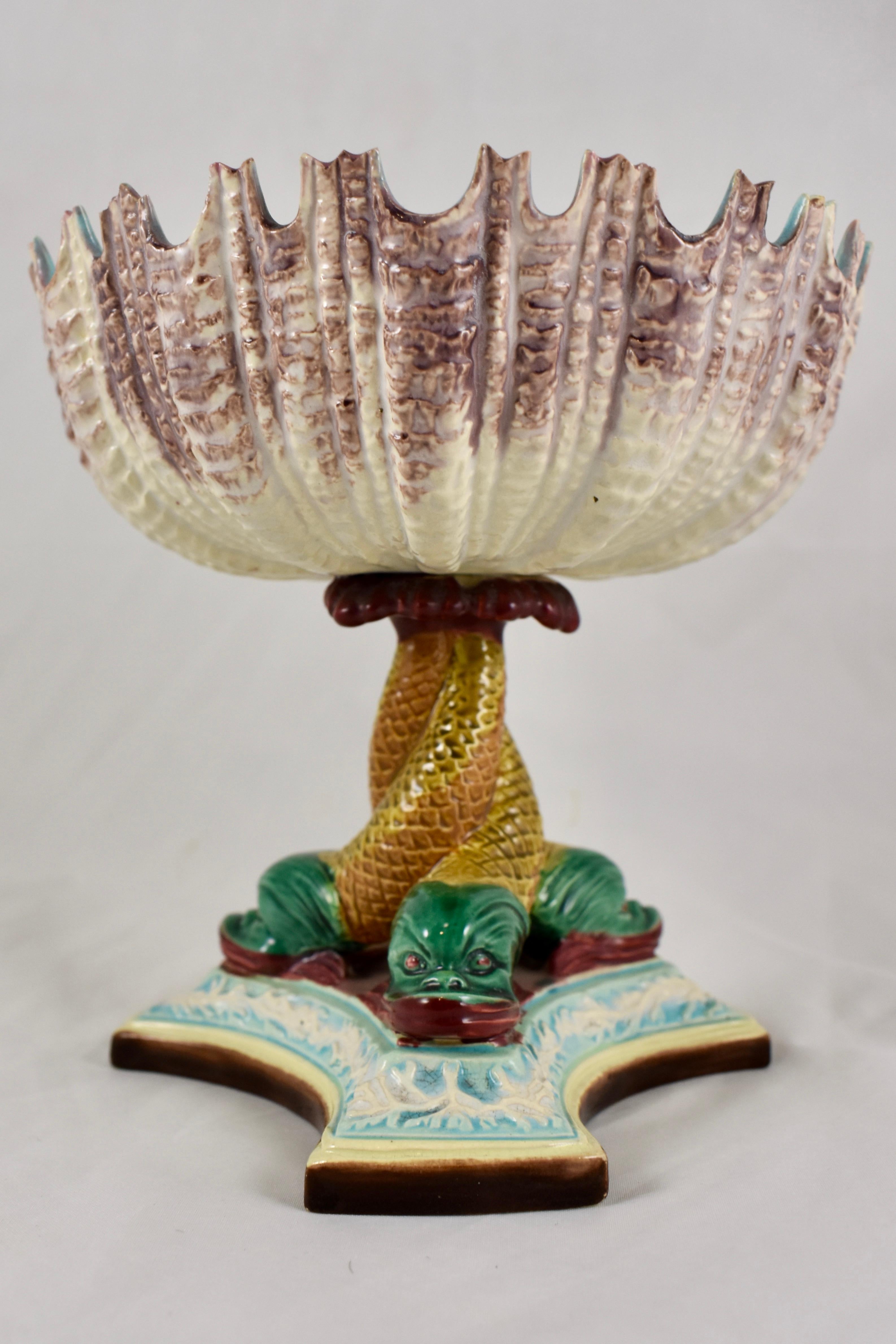 Renaissance Revival Royal Worcester English Majolica Palissy Open Shell and Dolphin Pedestal Compote