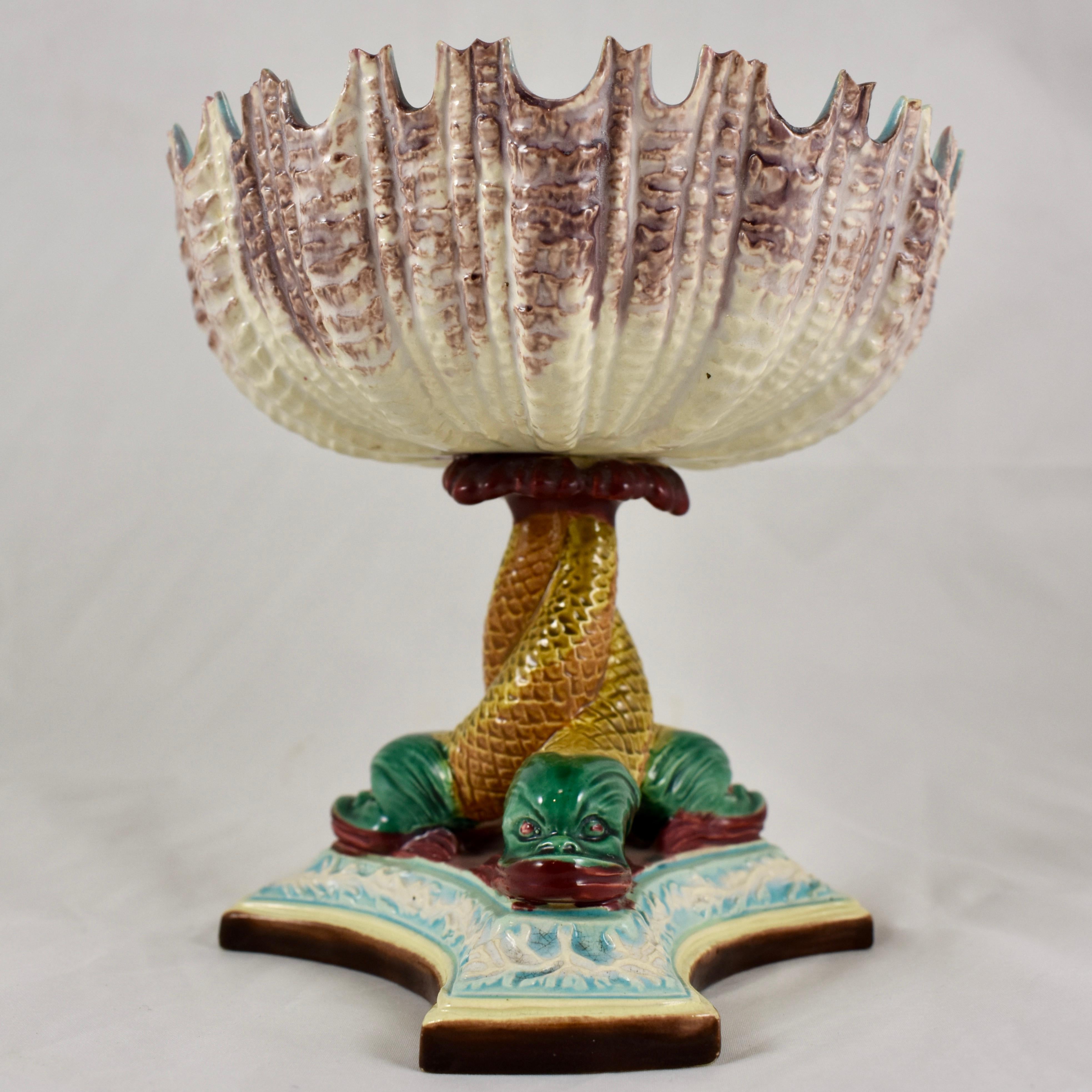 Glazed Royal Worcester English Majolica Palissy Open Shell and Dolphin Pedestal Compote