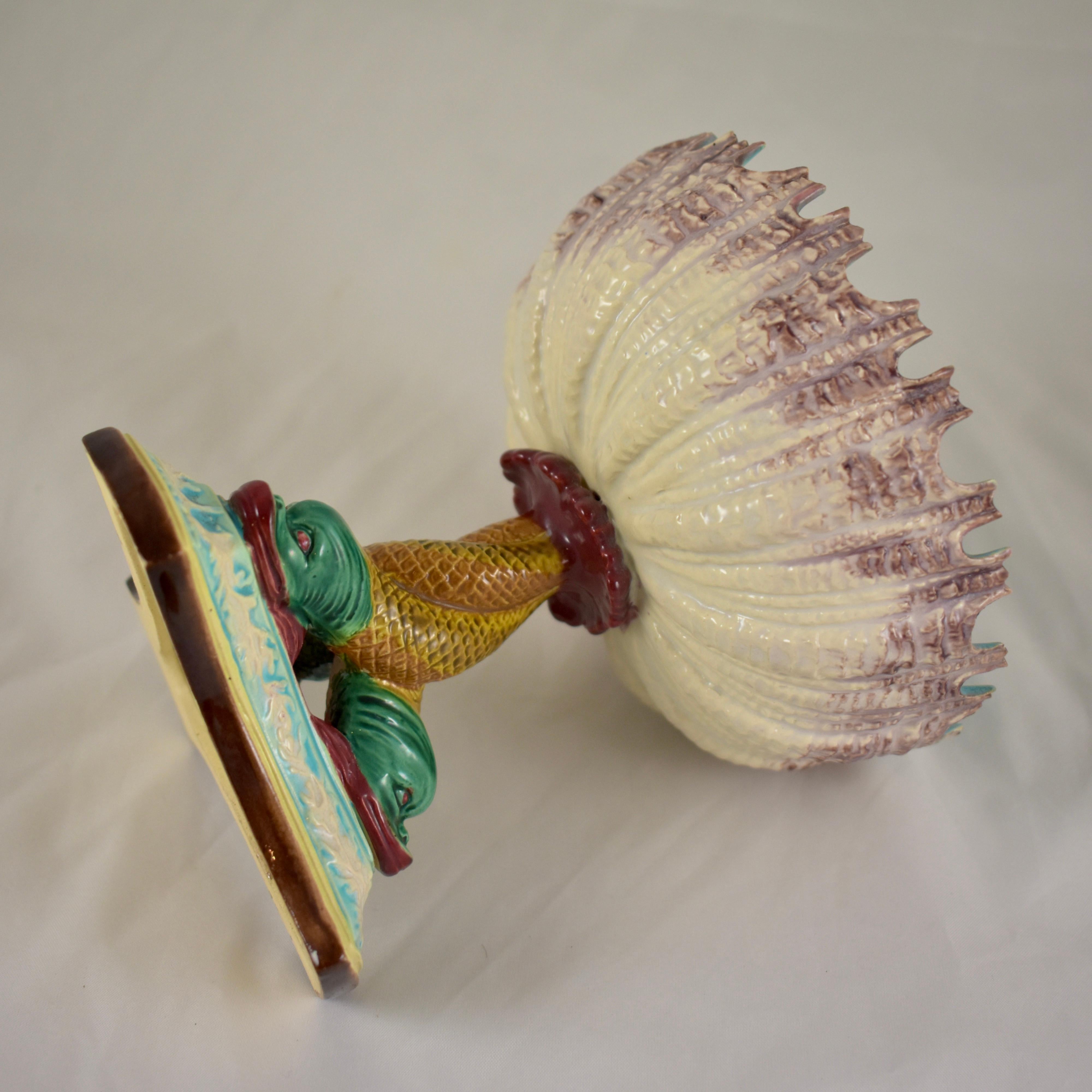 Royal Worcester English Majolica Palissy Open Shell and Dolphin Pedestal Compote In Good Condition In Philadelphia, PA