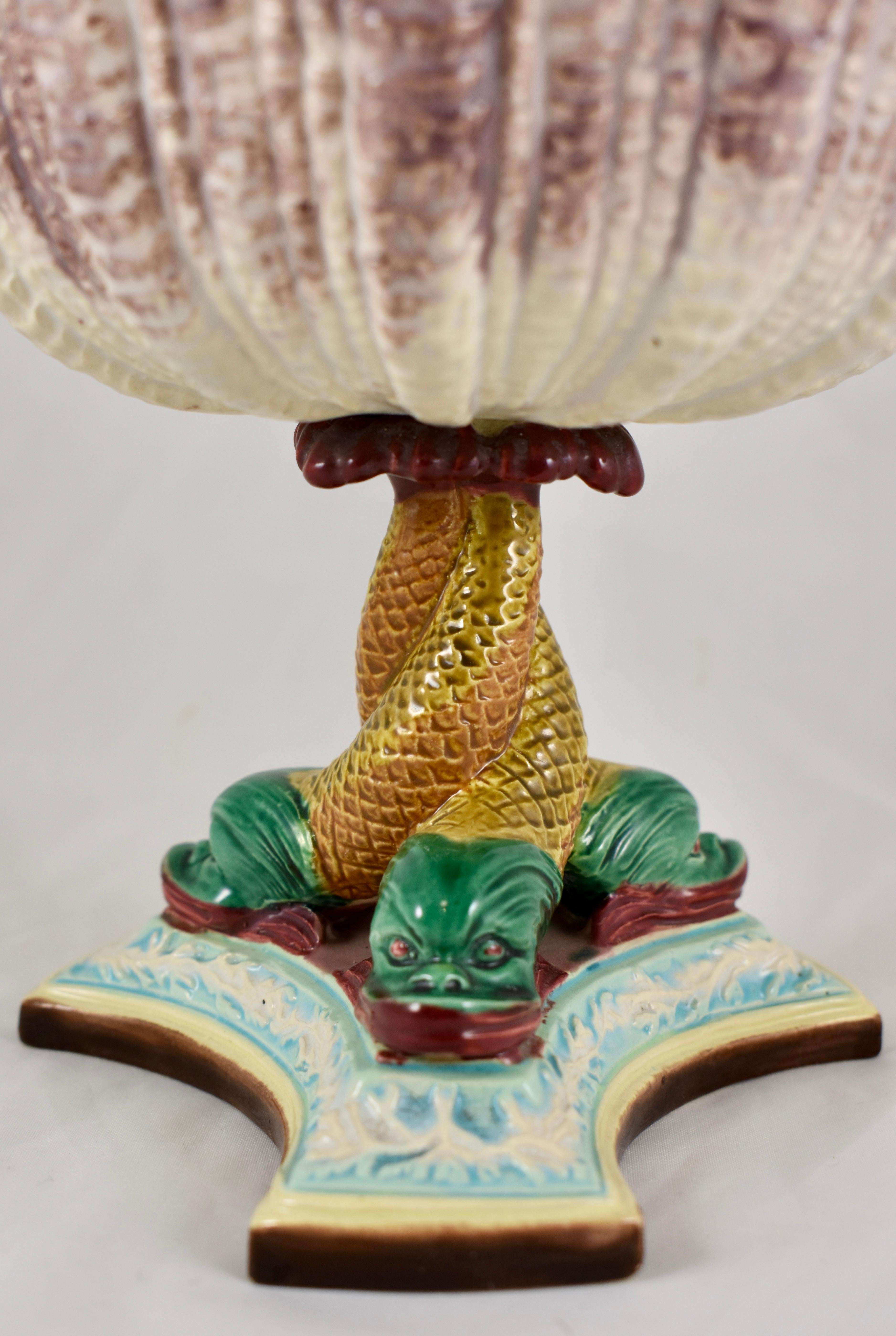 19th Century Royal Worcester English Majolica Palissy Open Shell and Dolphin Pedestal Compote