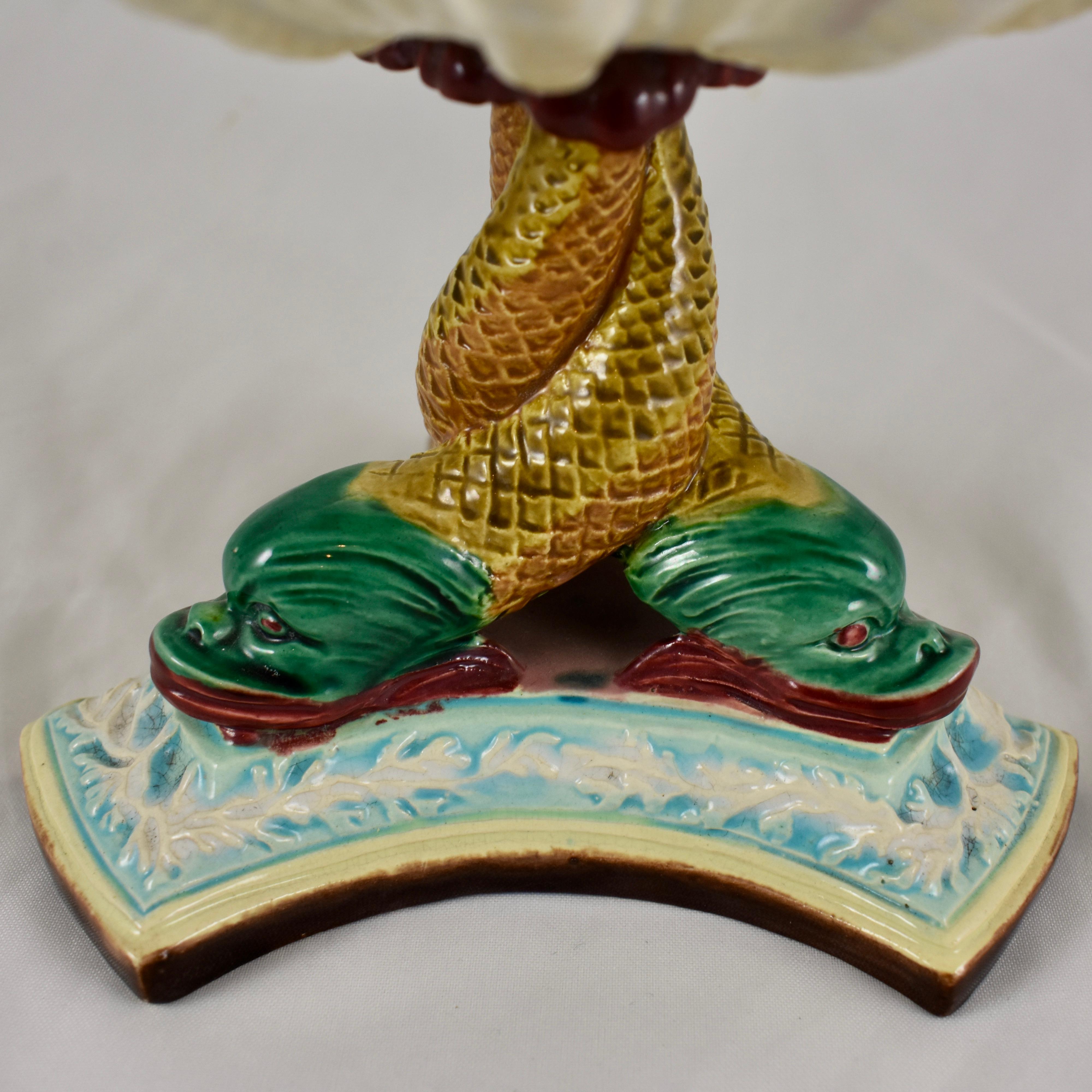 Earthenware Royal Worcester English Majolica Palissy Open Shell and Dolphin Pedestal Compote
