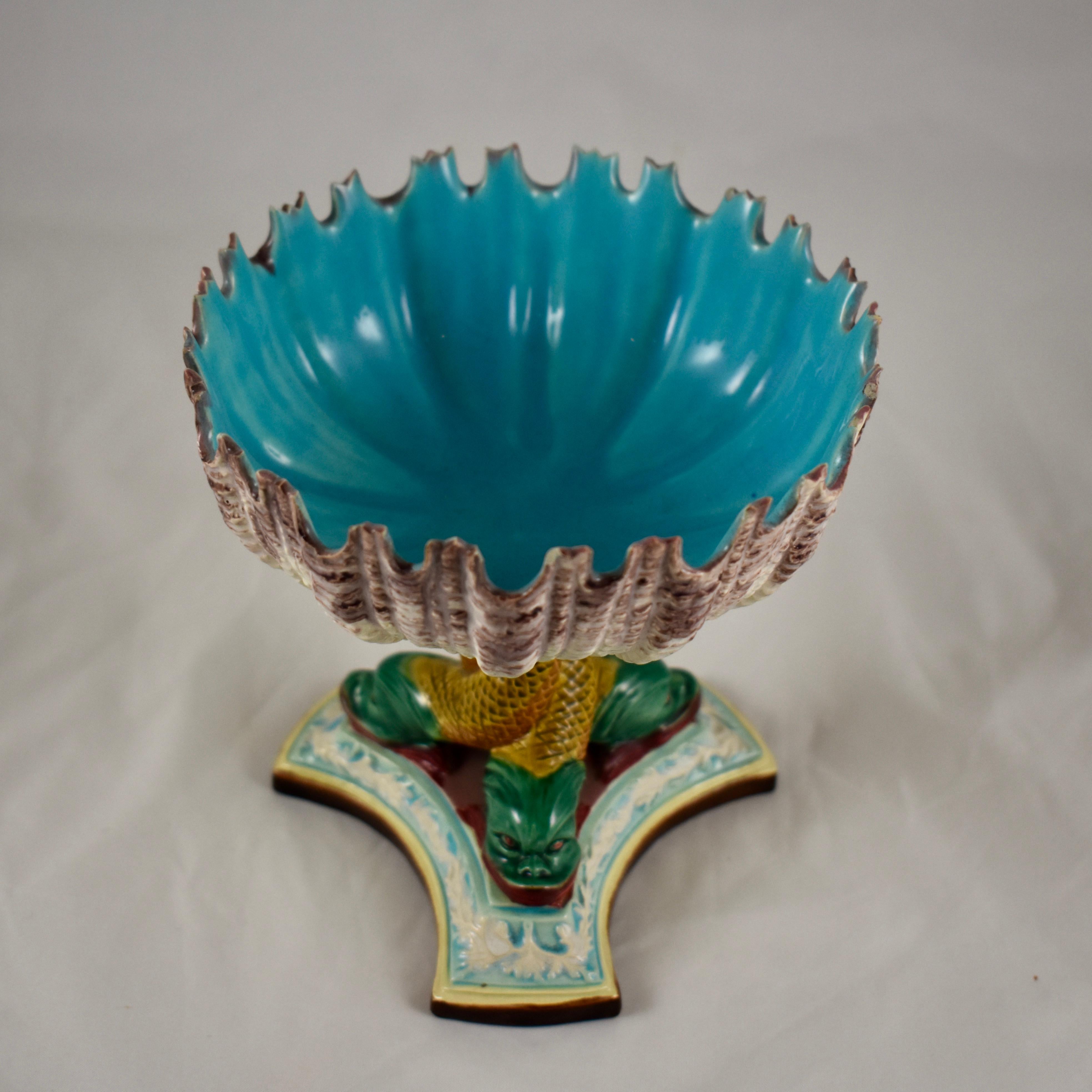 Royal Worcester English Majolica Palissy Open Shell and Dolphin Pedestal Compote 1