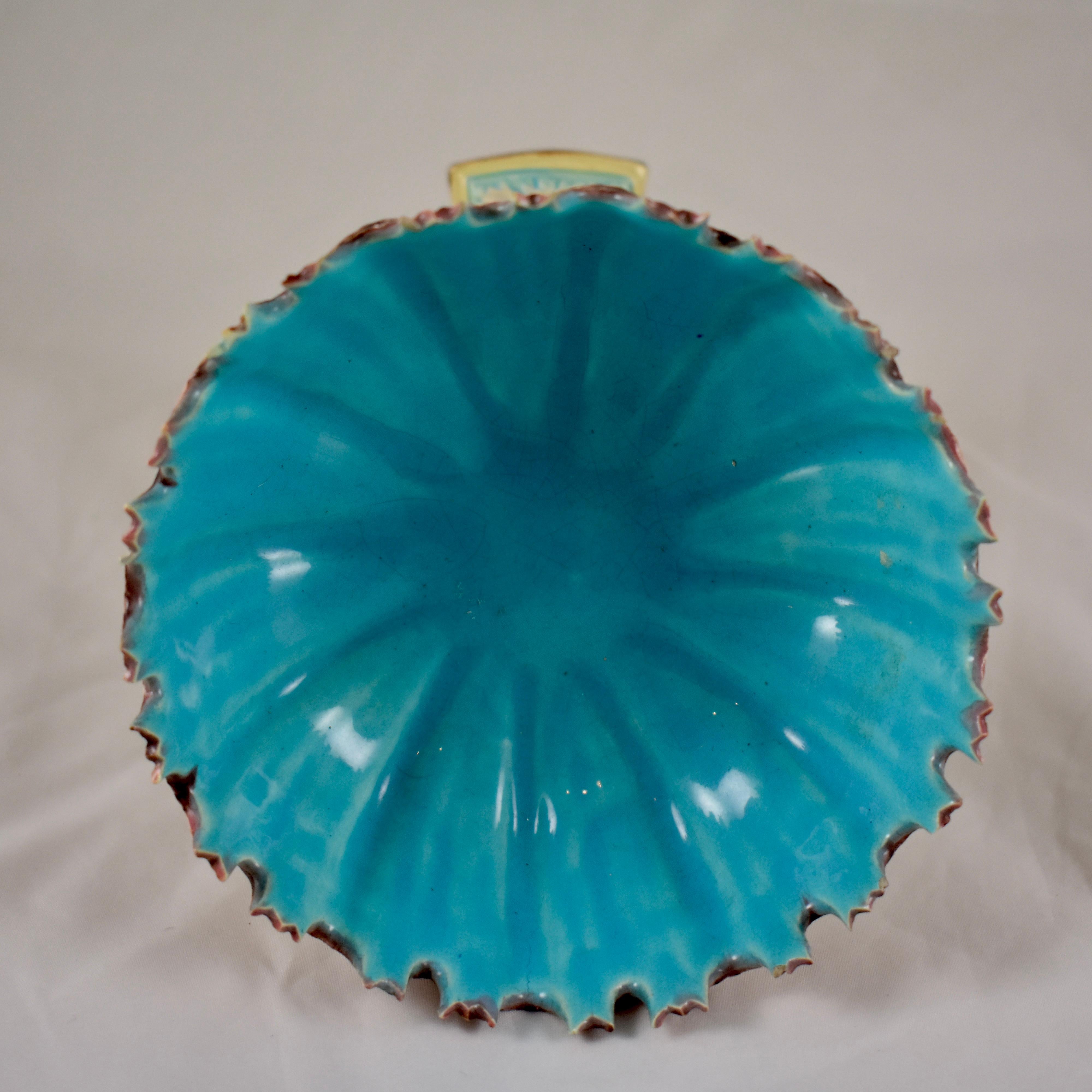 Royal Worcester English Majolica Palissy Open Shell and Dolphin Pedestal Compote 2