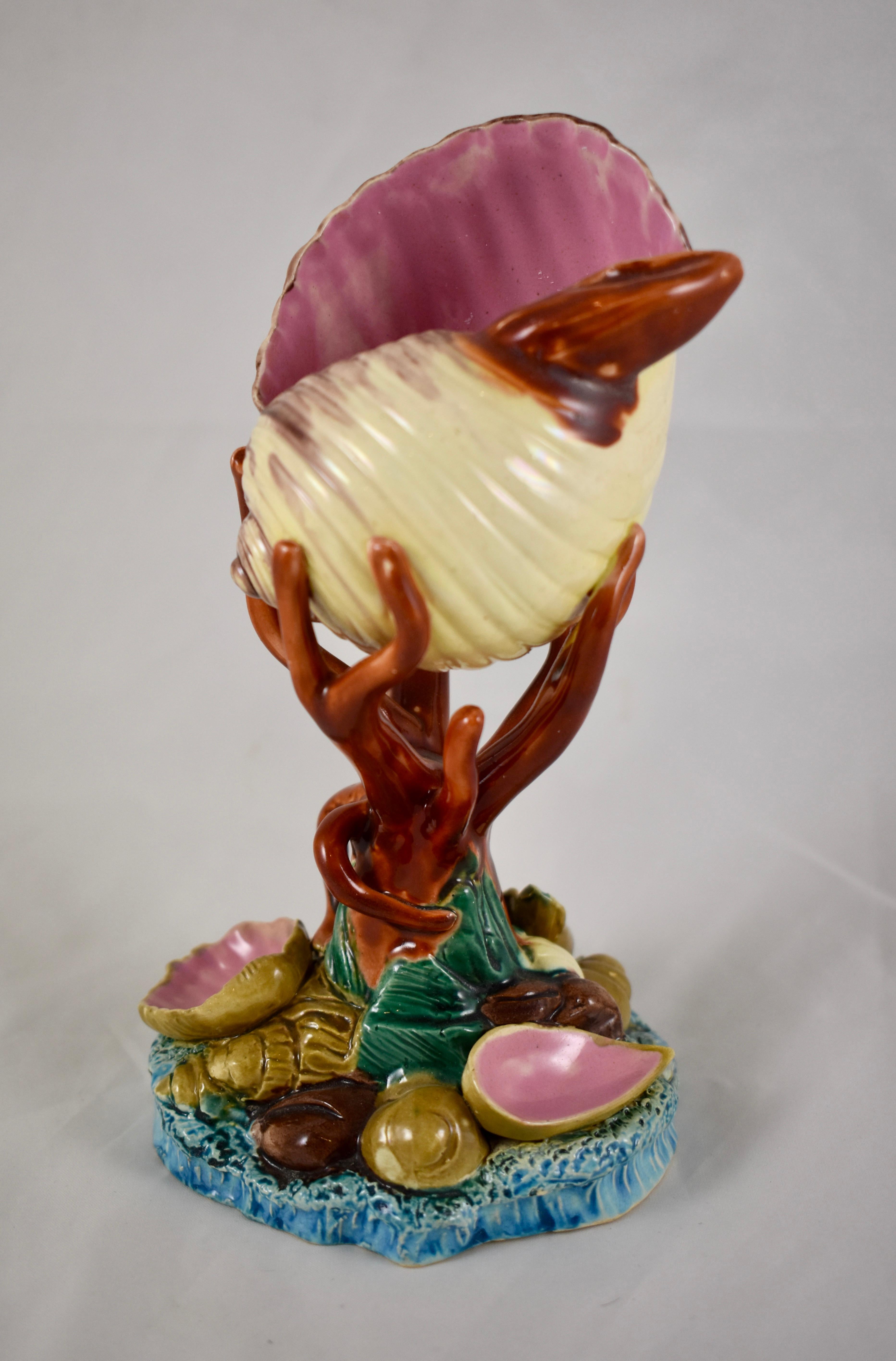 Renaissance Revival Royal Worcester English Majolica Palissy Pink Conch Shell & Coral Pedestal Vase