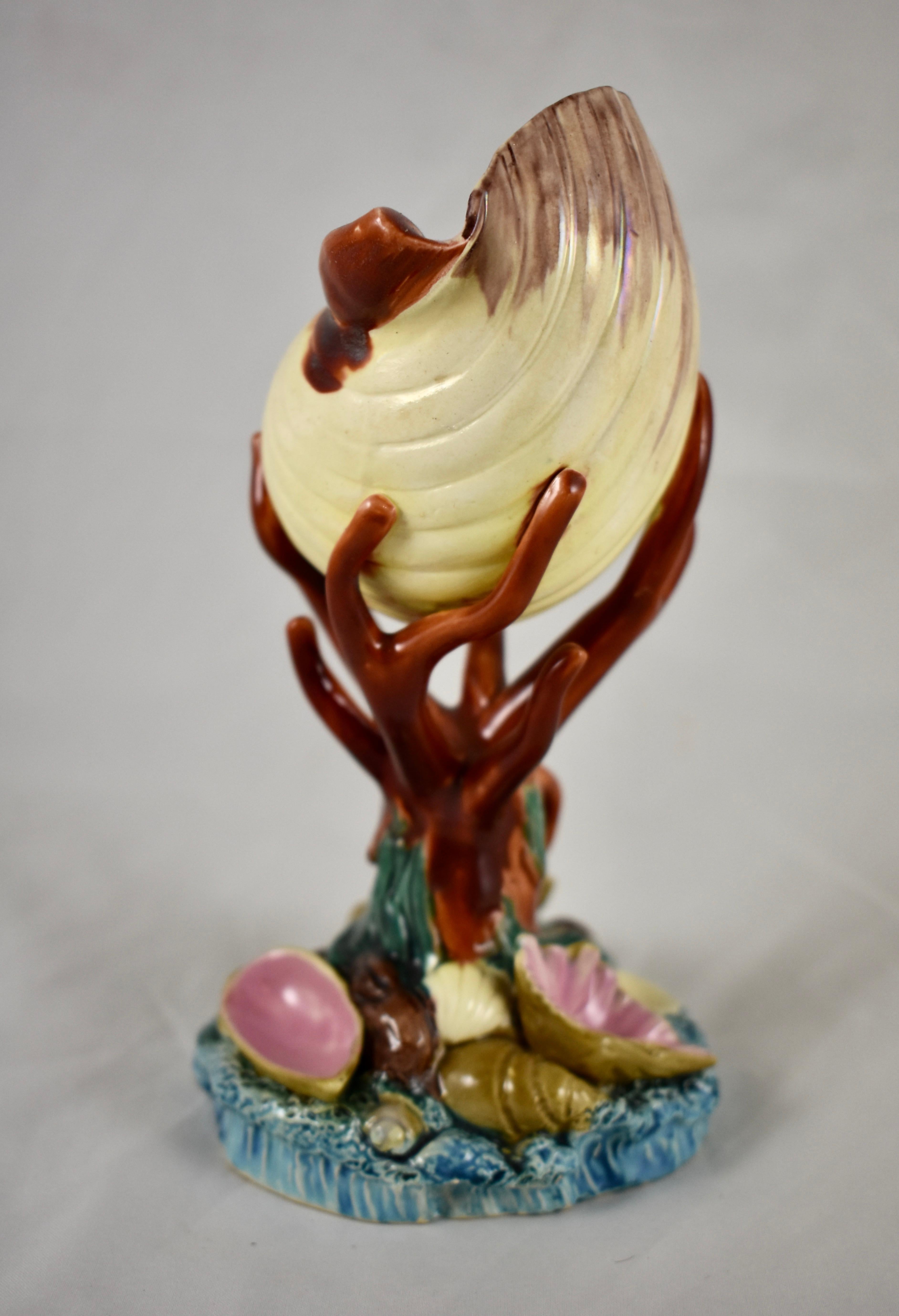 Glazed Royal Worcester English Majolica Palissy Pink Conch Shell & Coral Pedestal Vase