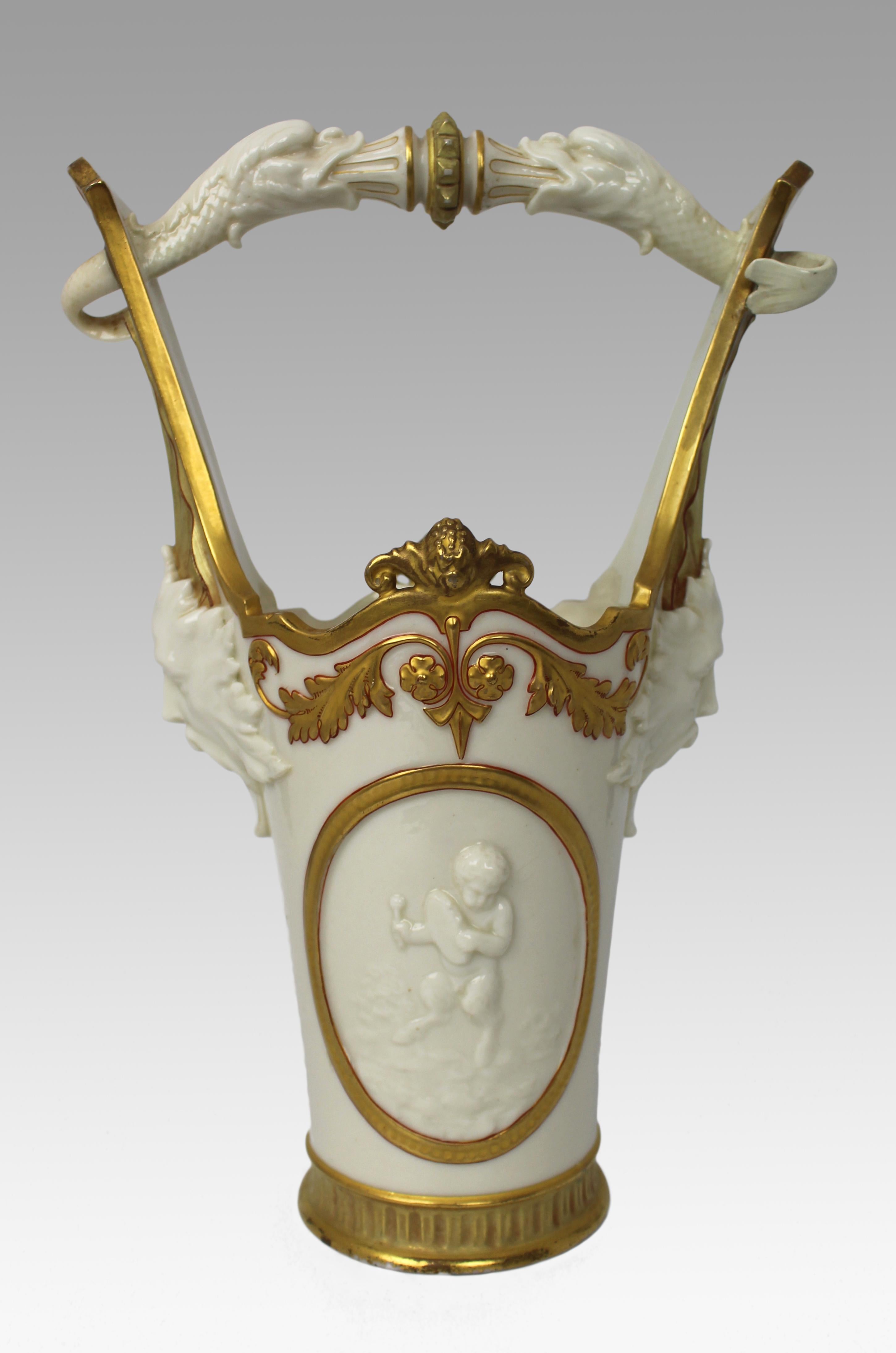 Royal Worcester Exhibition Vase 1884


Commissioned & retailed by A.B.Daniell & Son, Wigmore Street, London. 

Beautiful quality. Dolphin form handle with mask heads to either side. Classically inspired oval cherub plaques to each side of the body