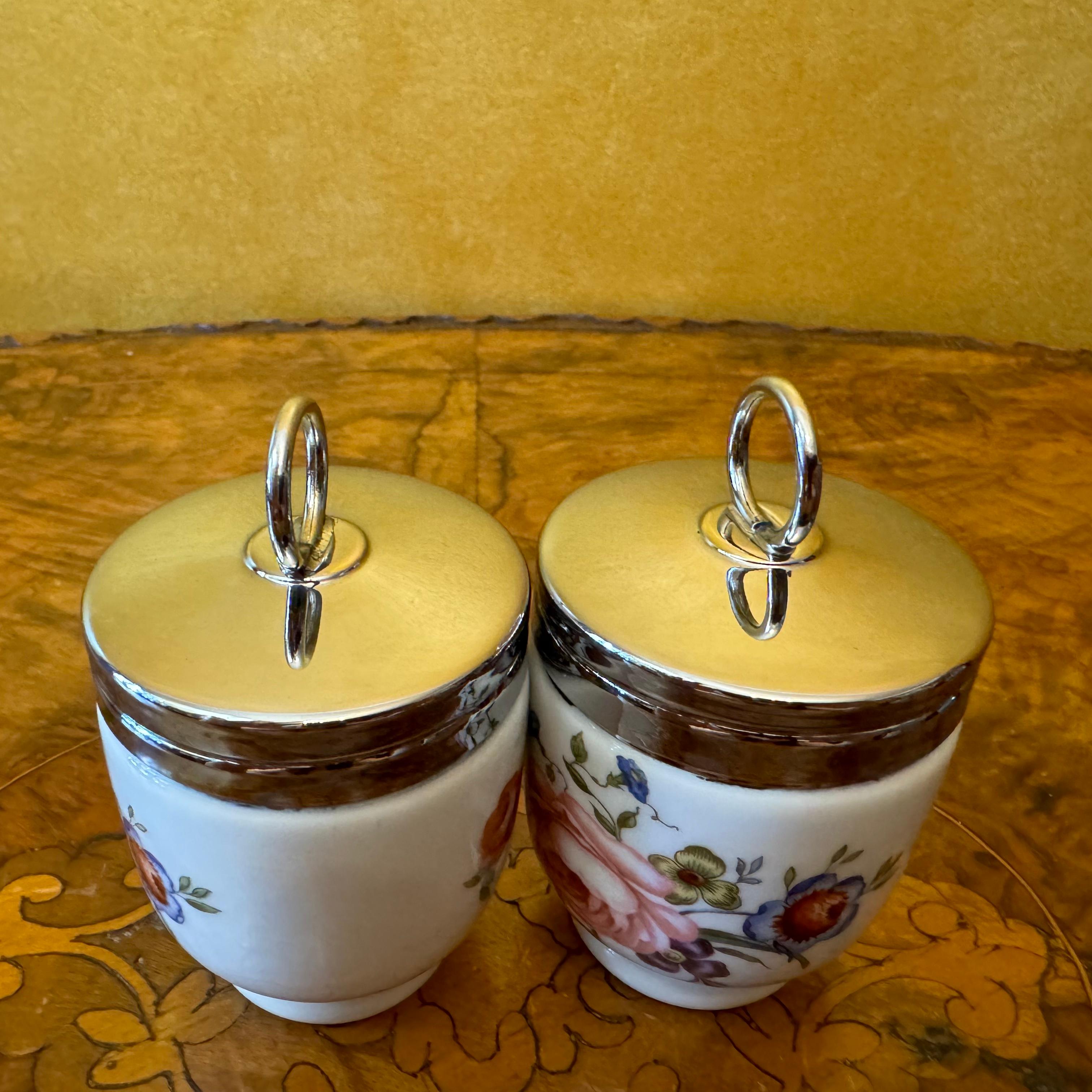Porcelain Royal Worcester Flower Print Egg Coddlers Pair For Sale