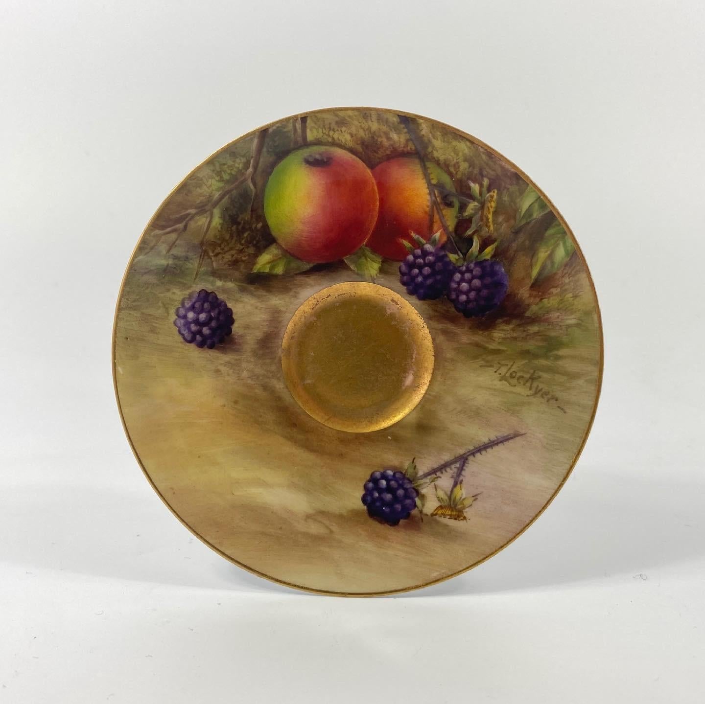 Royal Worcester porcelain cup & saucer, dated 1918. Both pieces finely painted with studies of fruit, on mossy banks. The saucer by F.Harper, the cup by T. Lockyer, and gilded to the exterior.
Printed puce factory marks, and date code for 1918 to