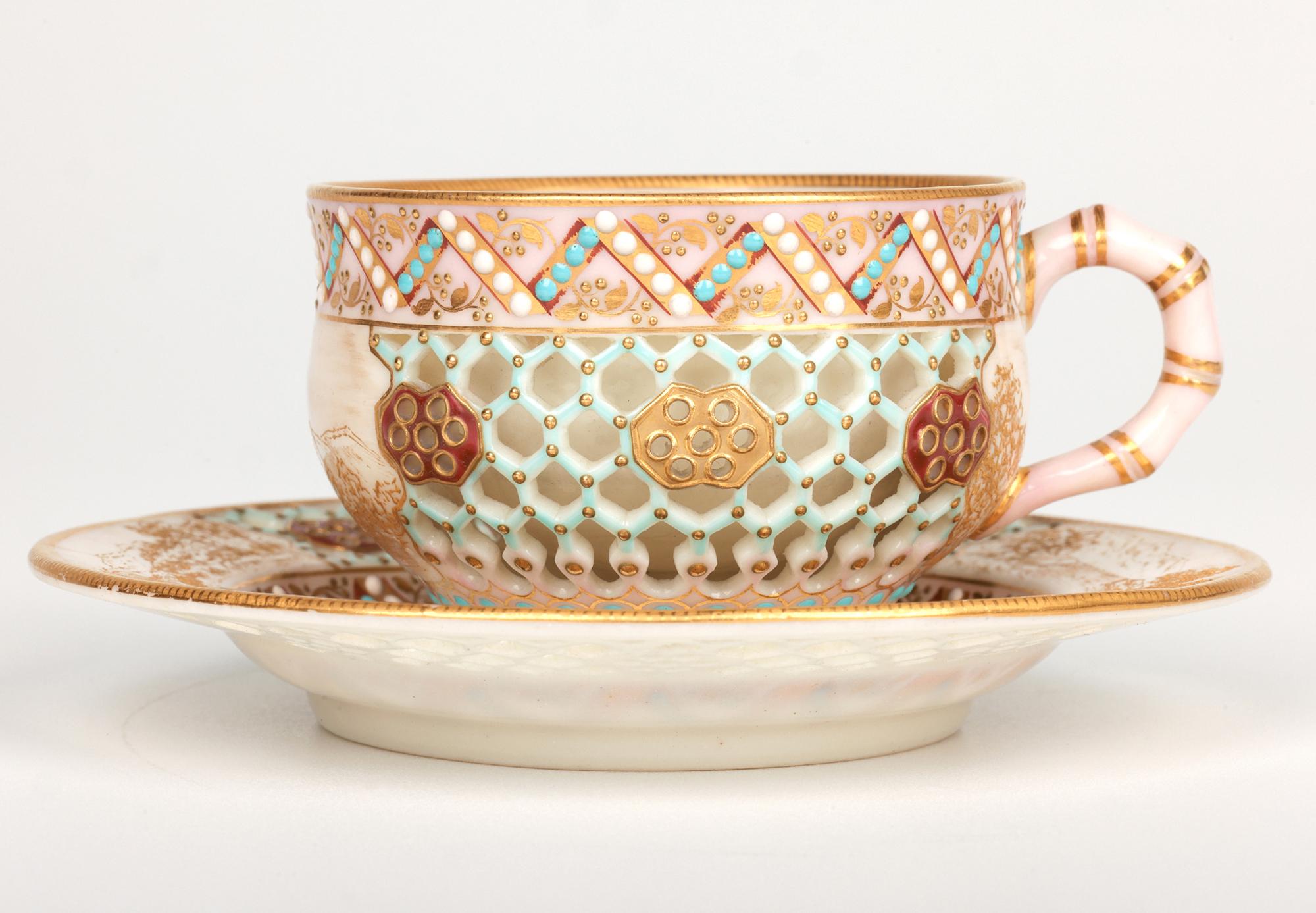 Royal Worcester George Owen Reticulated Beadwork Cup and Saucer For Sale 2