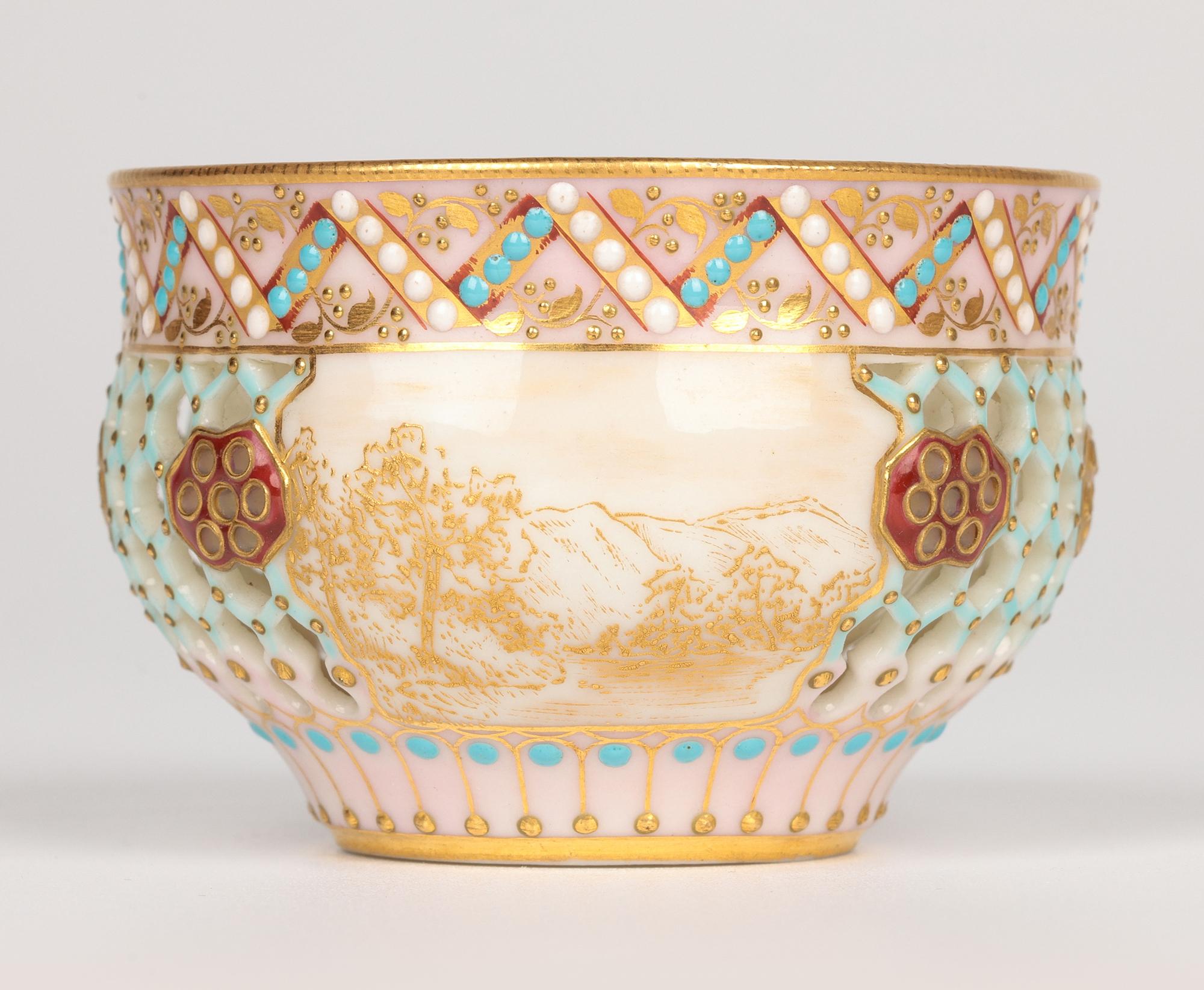 Royal Worcester George Owen Reticulated Beadwork Cup and Saucer For Sale 4