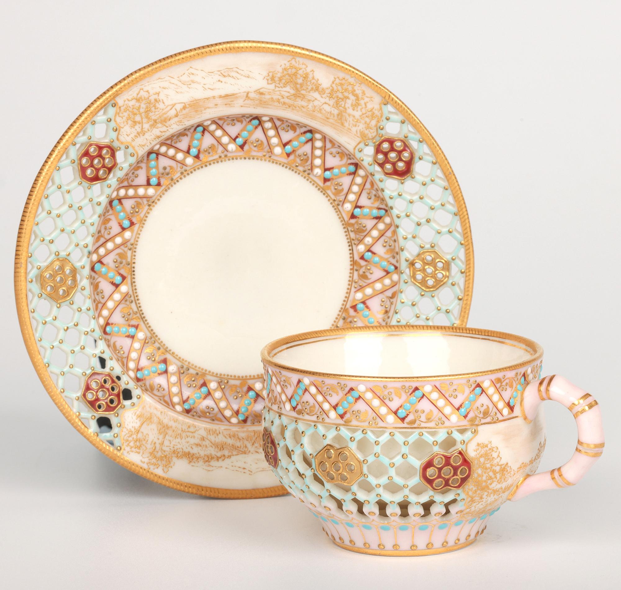 Royal Worcester George Owen Reticulated Beadwork Cup and Saucer For Sale 7