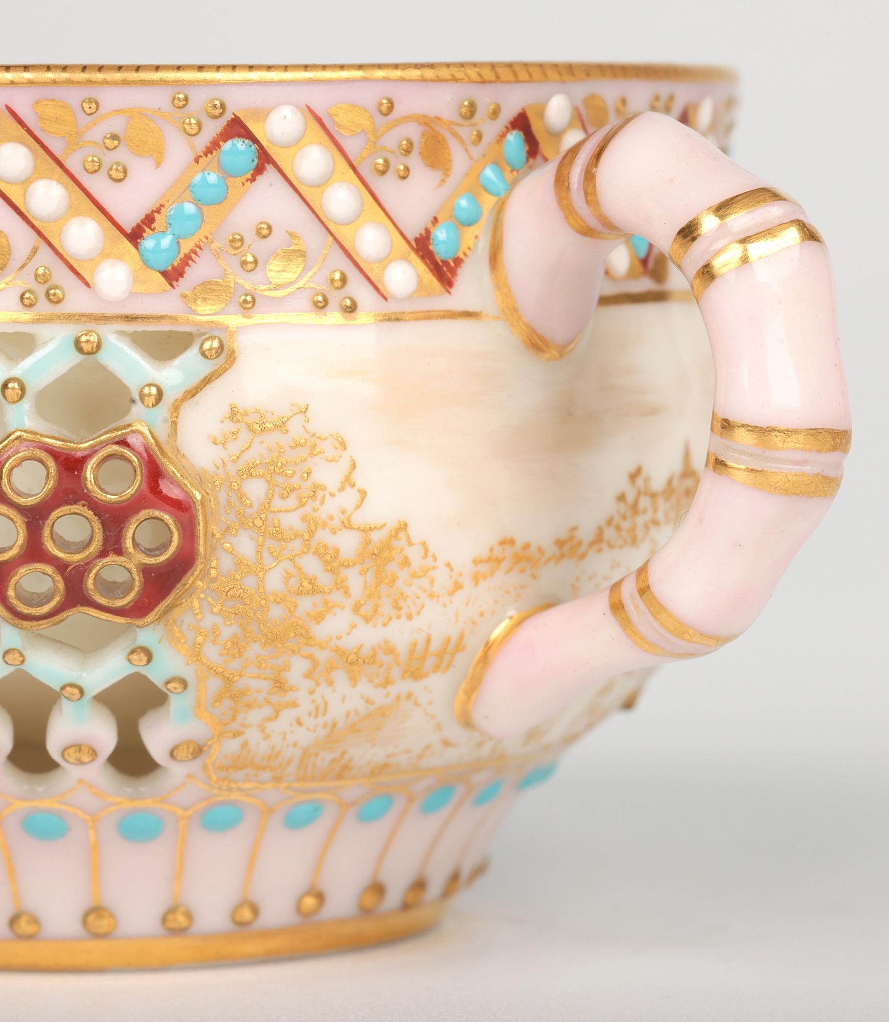 Aesthetic Movement Royal Worcester George Owen Reticulated Beadwork Cup and Saucer For Sale
