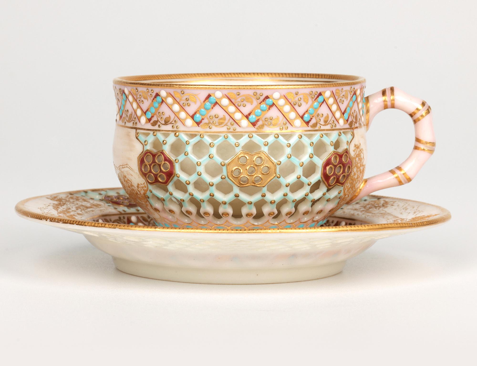 Gilt Royal Worcester George Owen Reticulated Beadwork Cup and Saucer For Sale