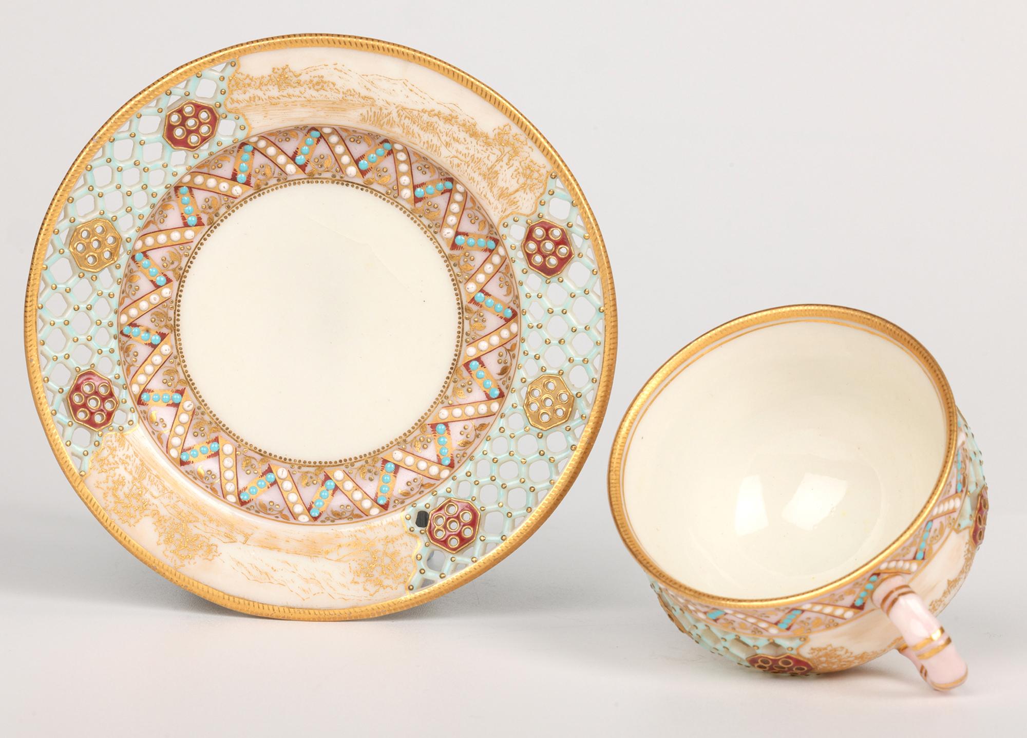 Royal Worcester George Owen Reticulated Beadwork Cup and Saucer In Good Condition For Sale In Bishop's Stortford, Hertfordshire
