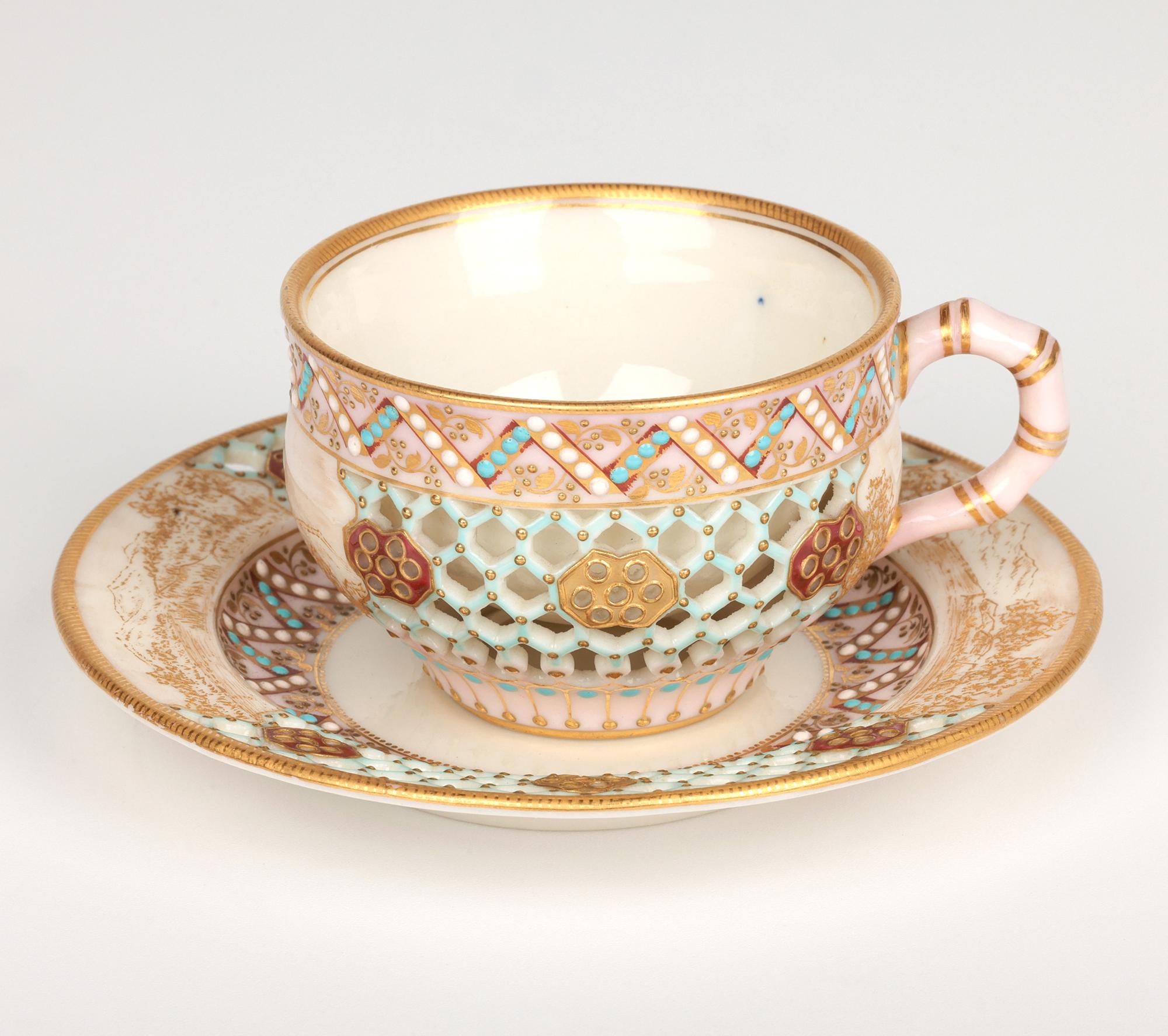Late 19th Century Royal Worcester George Owen Reticulated Beadwork Cup and Saucer For Sale