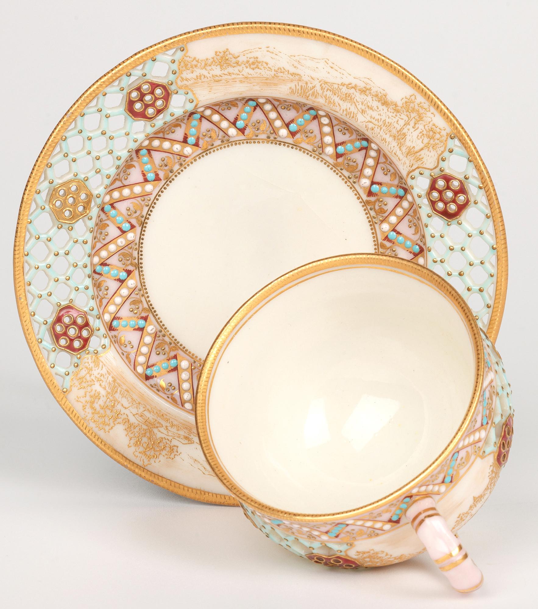 Porcelain Royal Worcester George Owen Reticulated Beadwork Cup and Saucer For Sale