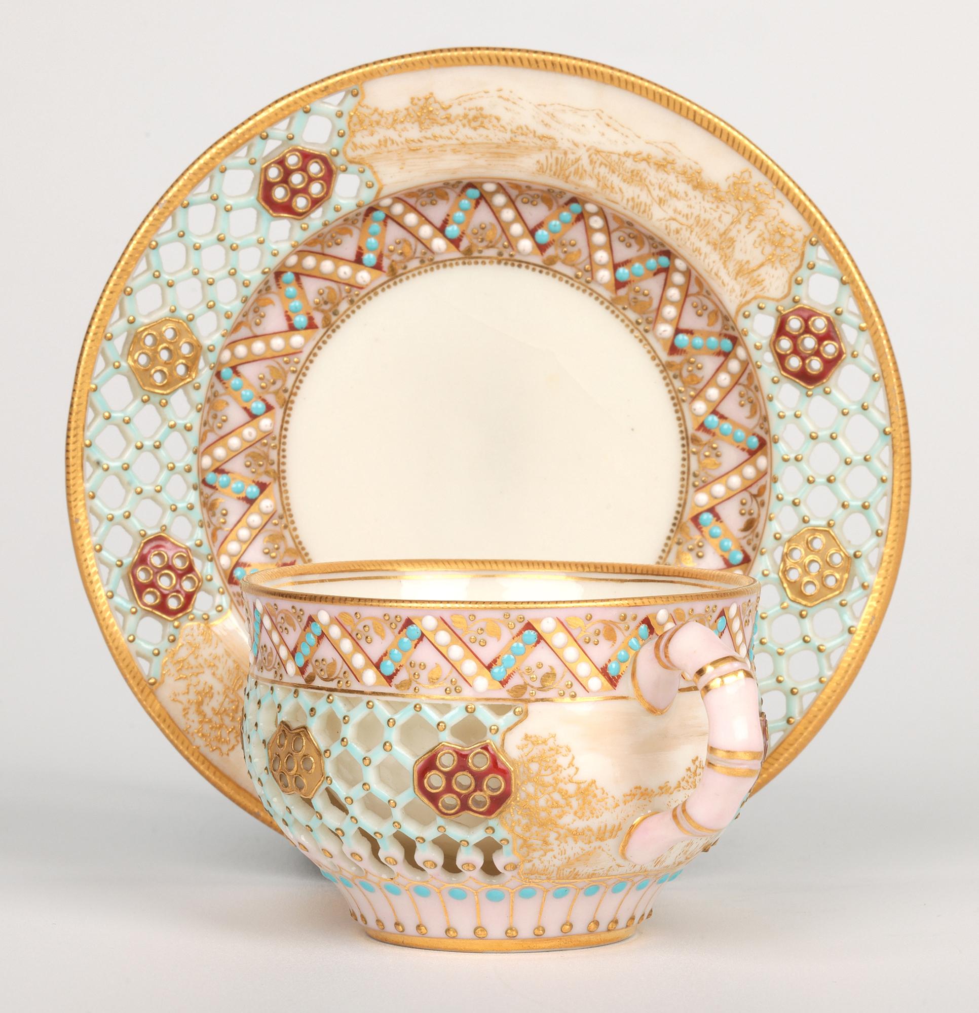 Royal Worcester George Owen Reticulated Beadwork Cup and Saucer For Sale 1