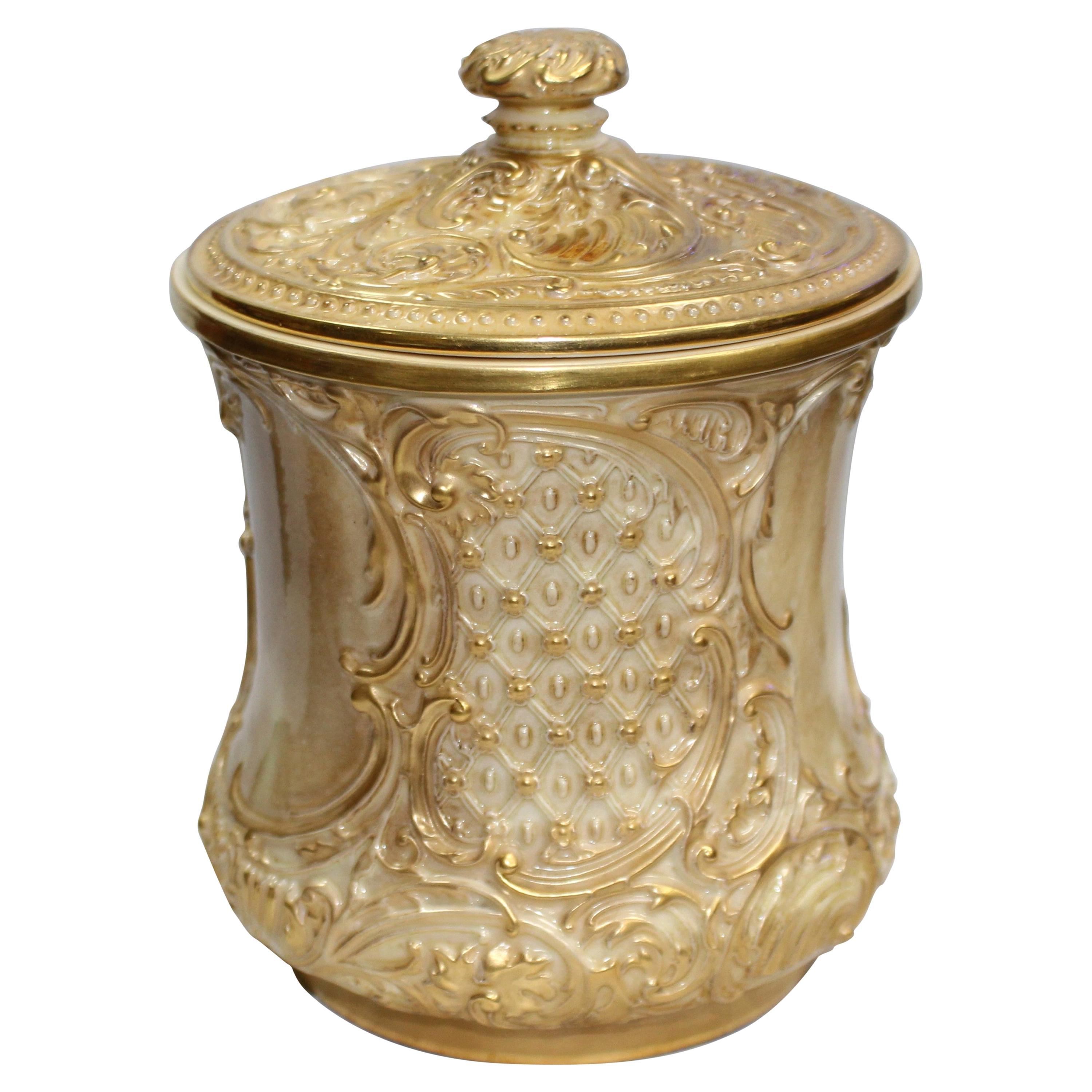 Royal Worcester Gilded Blush Biscuilt Jar & Cover, 1901