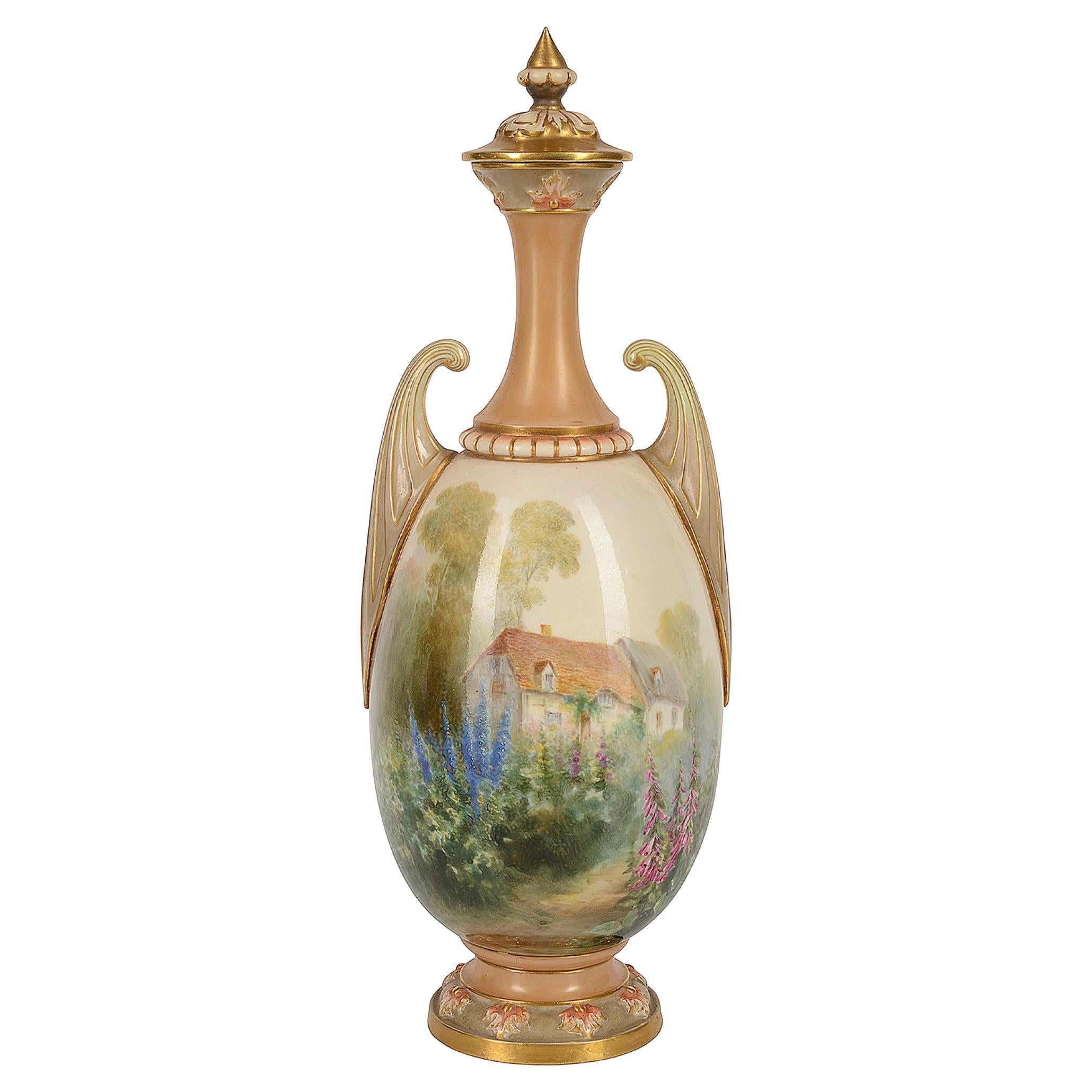 Vase à couvercle Royal Worcester, représentant un cottage en bois de cervidé, signé Harry Davis