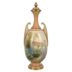 Royal Worcester Lidded Vase, Depicting a Thatched Cottage, Signed Harry Davis