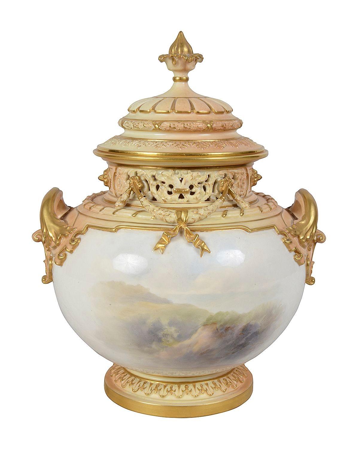 19th Century Royal Worcester lidded vase, signed John Stinton. For Sale