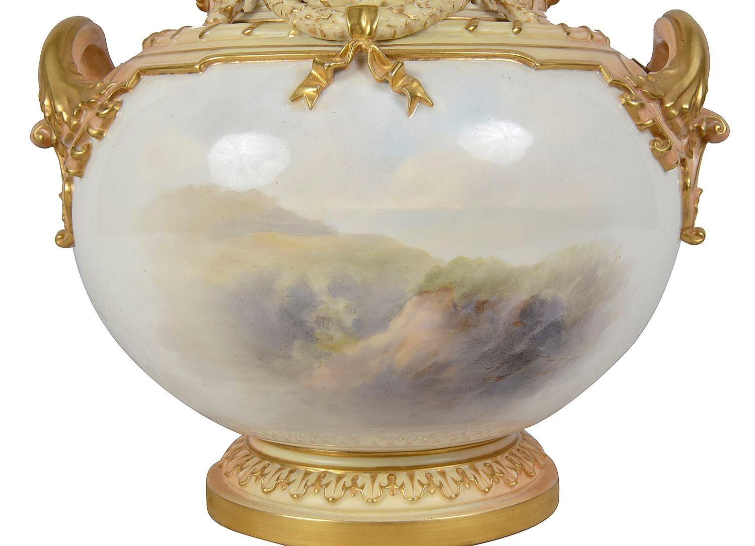 Porcelain Royal Worcester lidded vase, signed John Stinton. For Sale