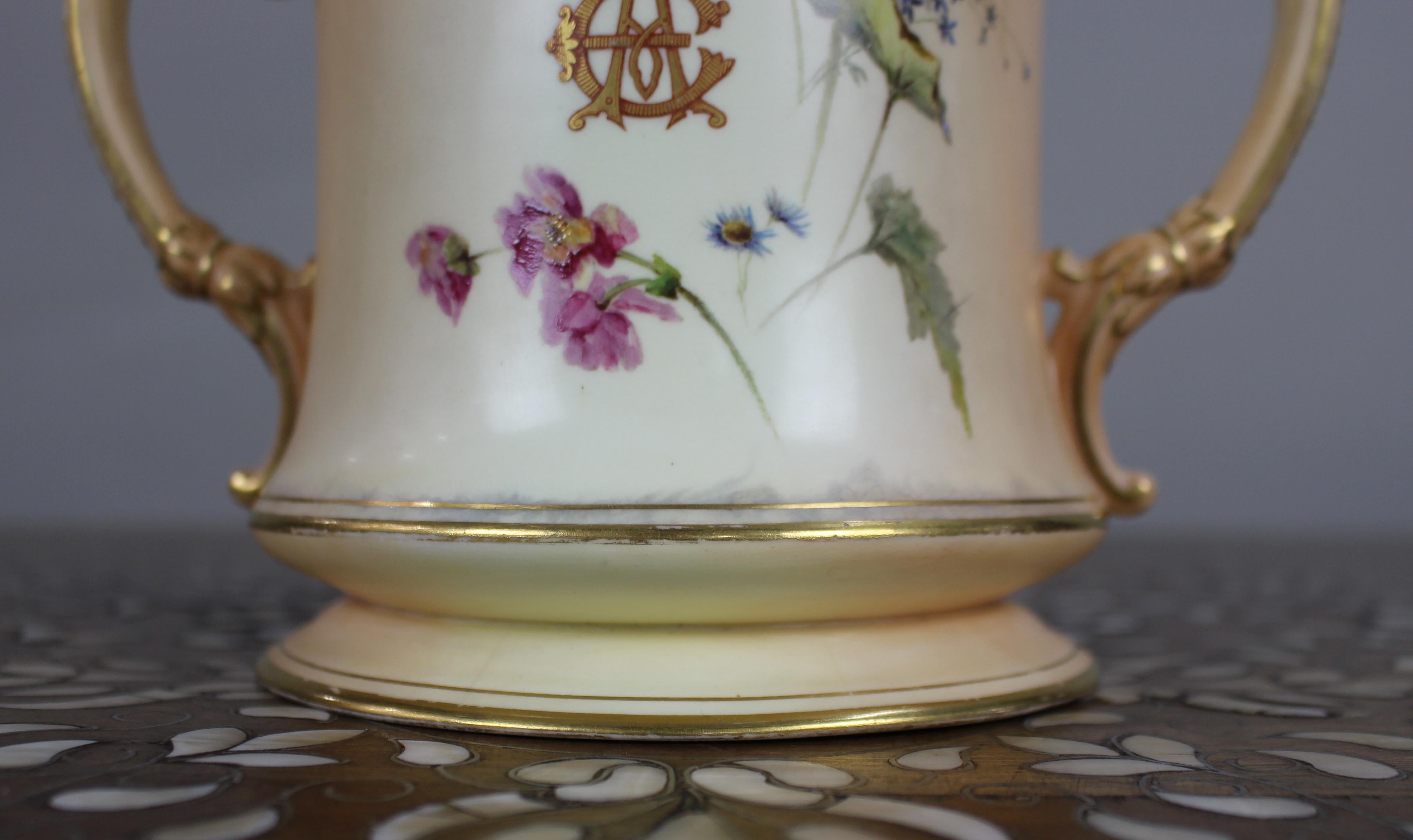 Porcelain Royal Worcester Loving Cup – Hand-Painted Worcester Cathedral c.1902 For Sale