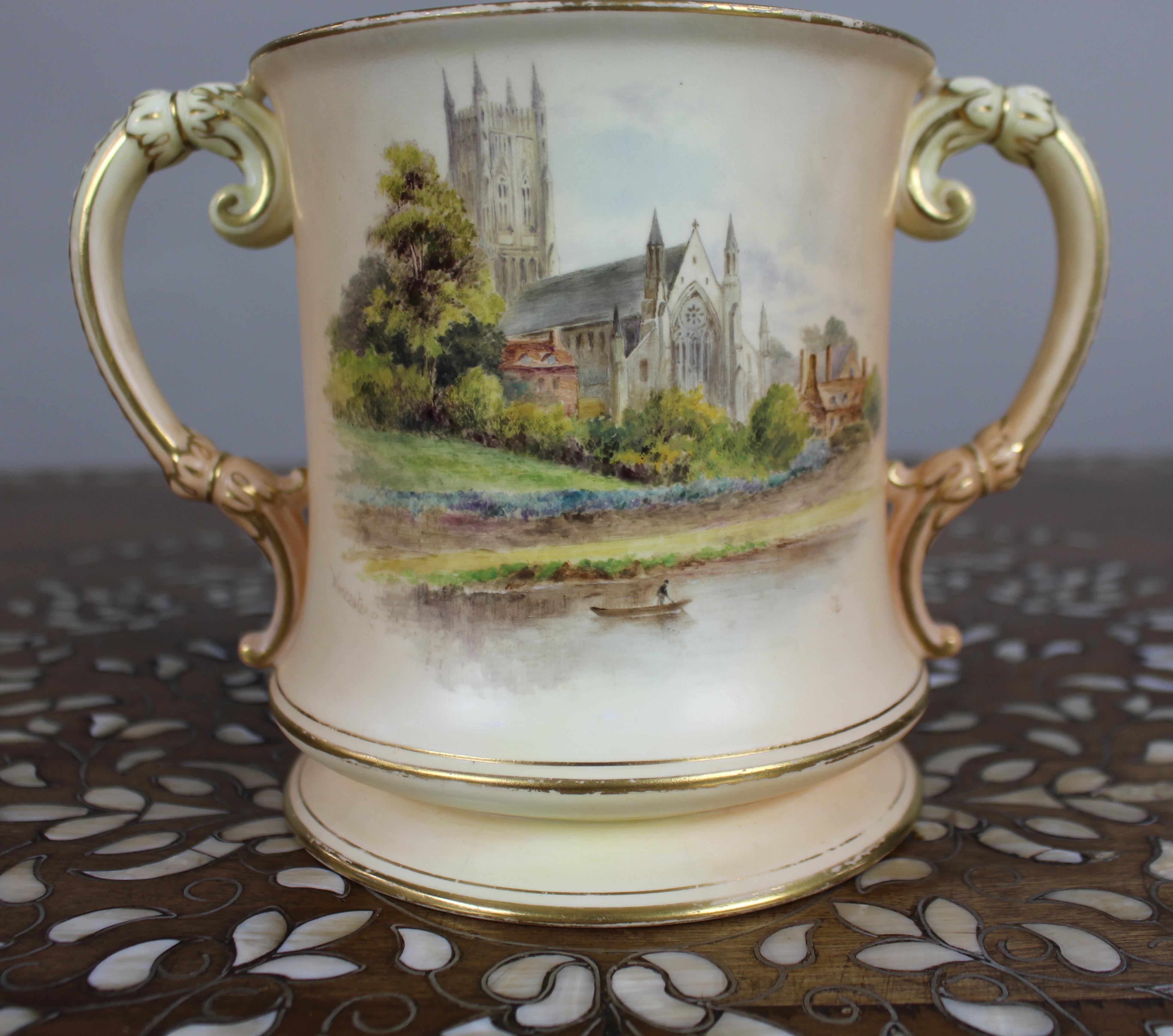 Royal Worcester Loving Cup – Hand-Painted Worcester Cathedral c.1902 For Sale 2