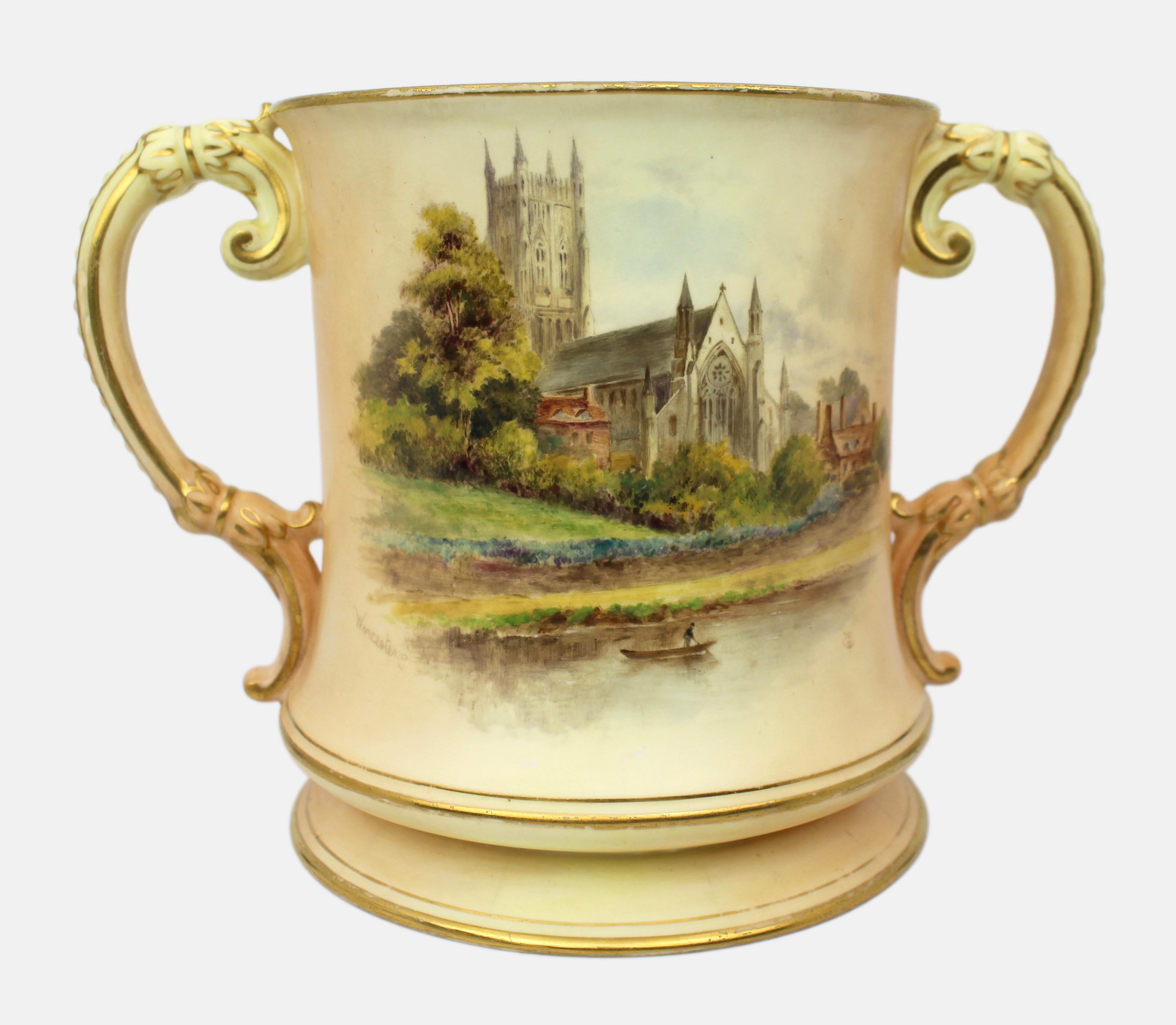 Royal Worcester Loving Cup – Hand-Painted Worcester Cathedral c.1902 For Sale 3
