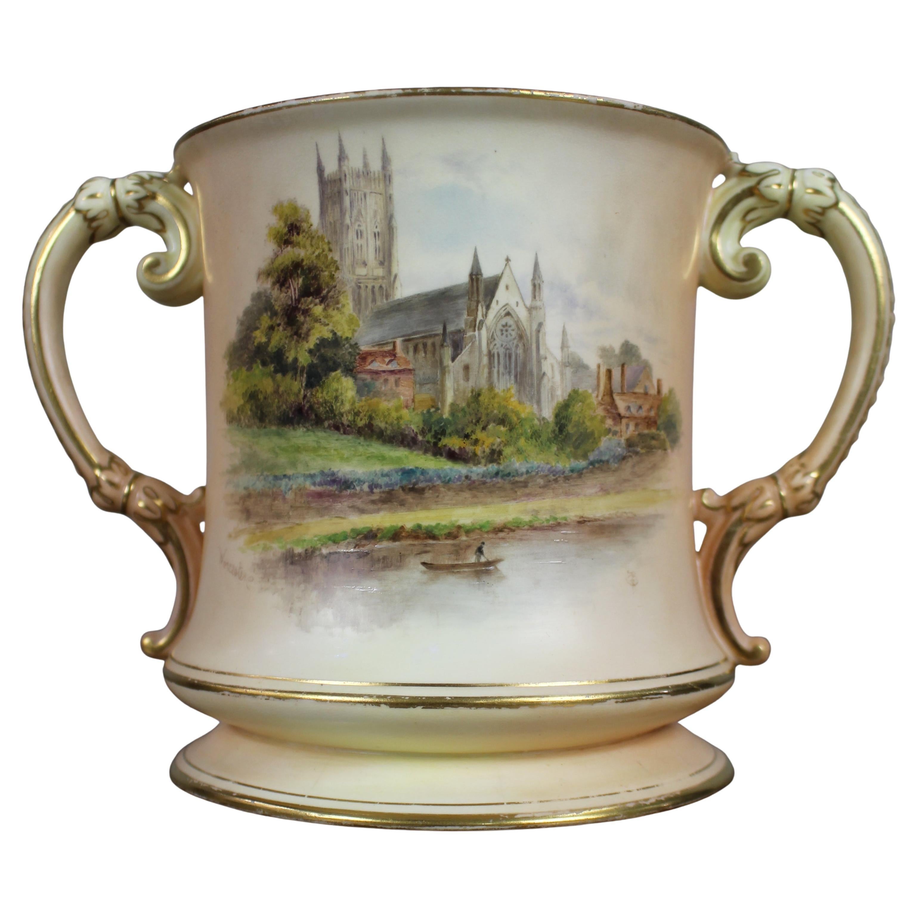 Royal Worcester Loving Cup – Hand-Painted Worcester Cathedral c.1902 For Sale
