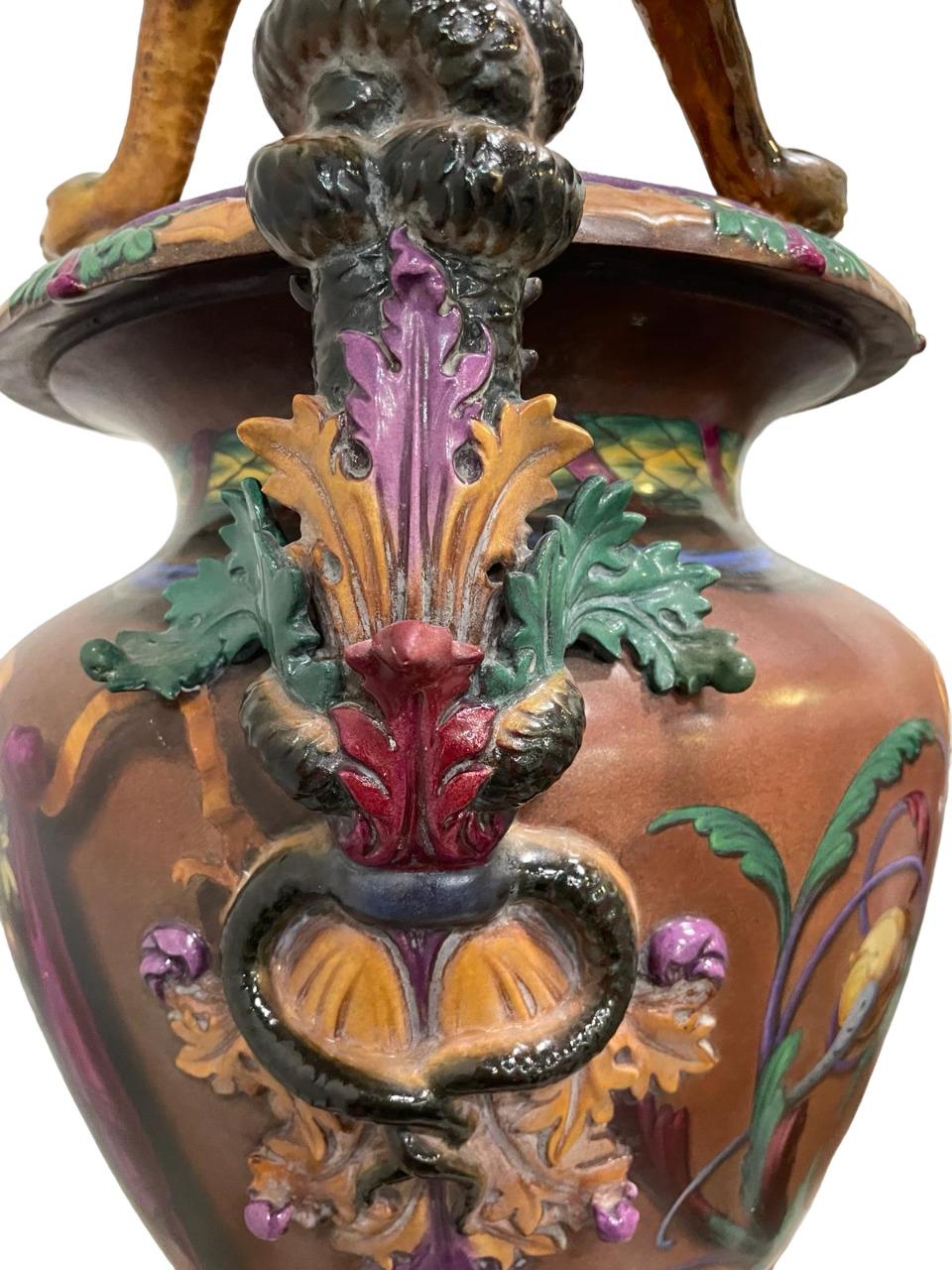 Royal WORCESTER MAJOLICA Large Pedestal  URN painted by Josiah Rushton, 1864 For Sale 6