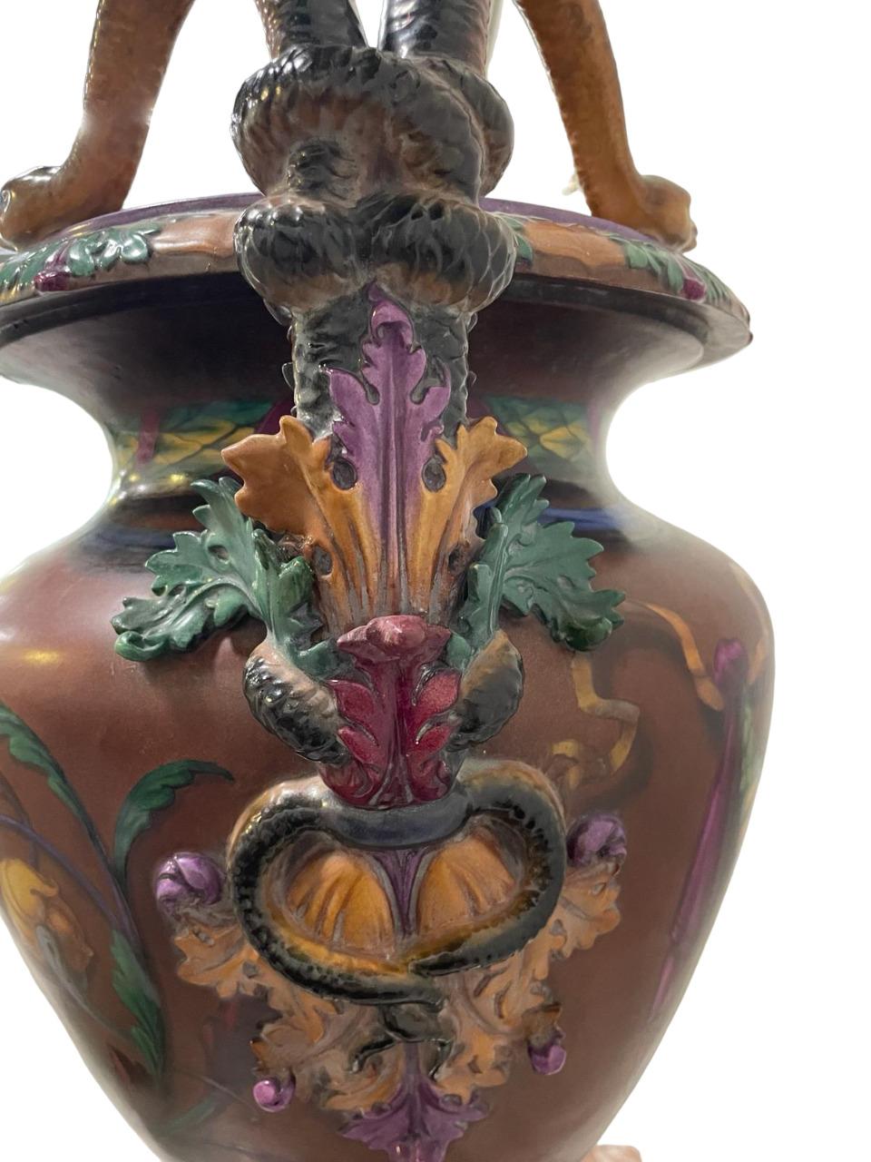 Royal WORCESTER MAJOLICA Large Pedestal  URN painted by Josiah Rushton, 1864 For Sale 9