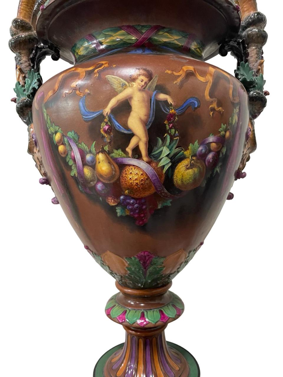 Royal WORCESTER MAJOLICA Large Pedestal  URN painted by Josiah Rushton, 1864 For Sale 11