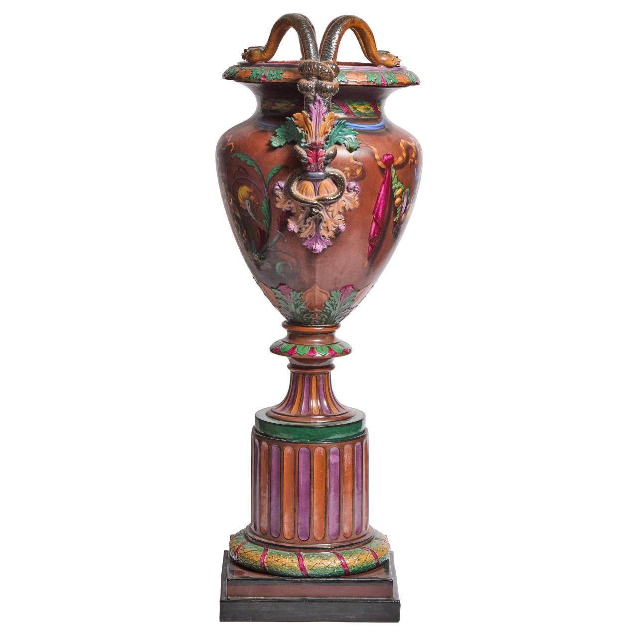 Baroque Revival Royal WORCESTER MAJOLICA Large Pedestal  URN painted by Josiah Rushton, 1864 For Sale
