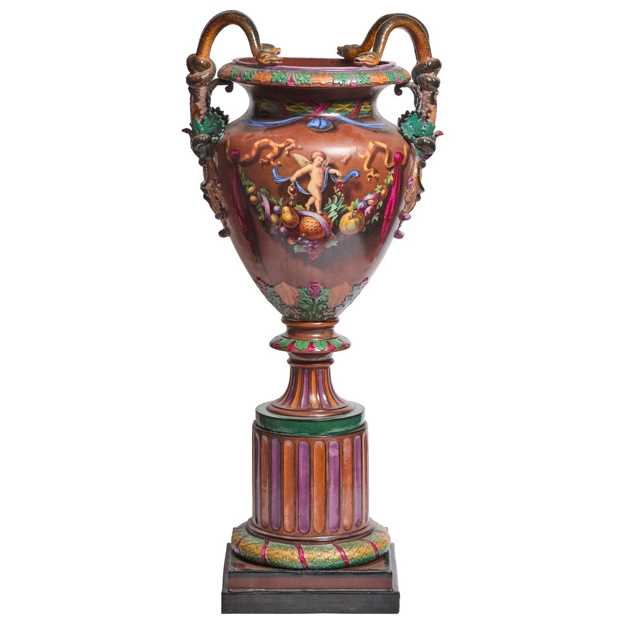 English Royal WORCESTER MAJOLICA Large Pedestal  URN painted by Josiah Rushton, 1864 For Sale