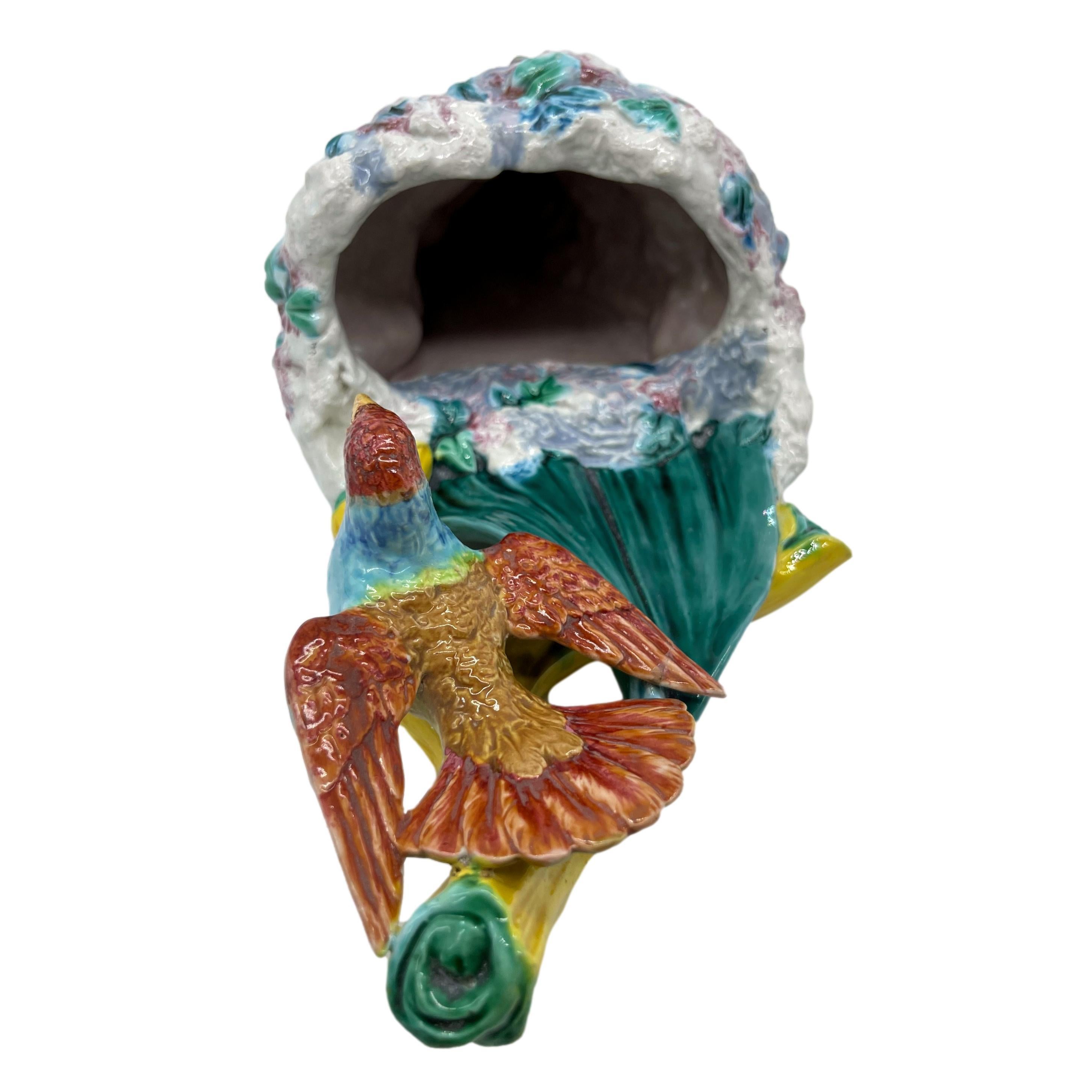 English Royal Worcester Majolica Wall Pocket with Hummingbird and Nest, Dated 1868 For Sale