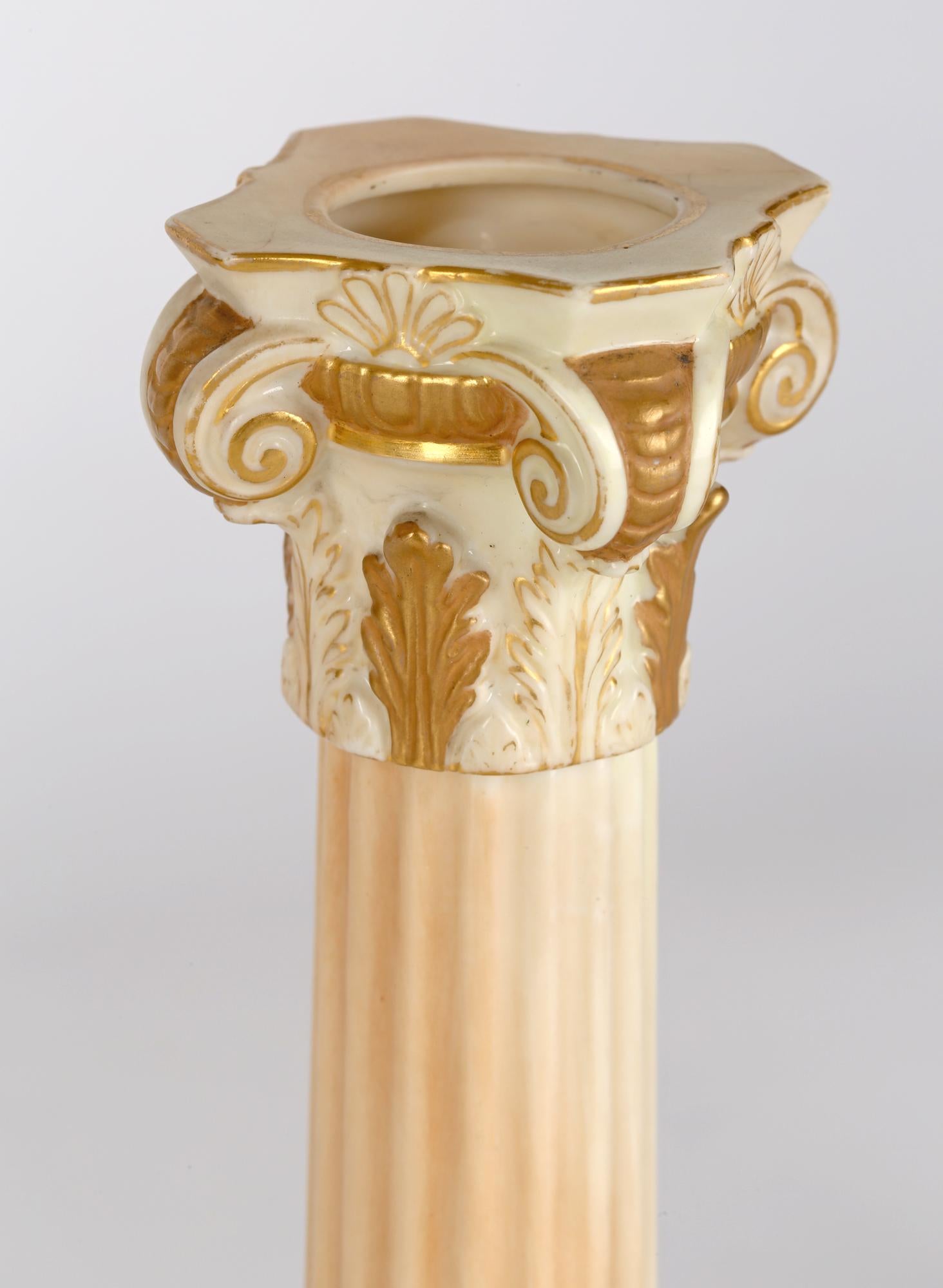 Royal Worcester Pair Blush Ivory Porcelain Column Candlesticks For Sale 7