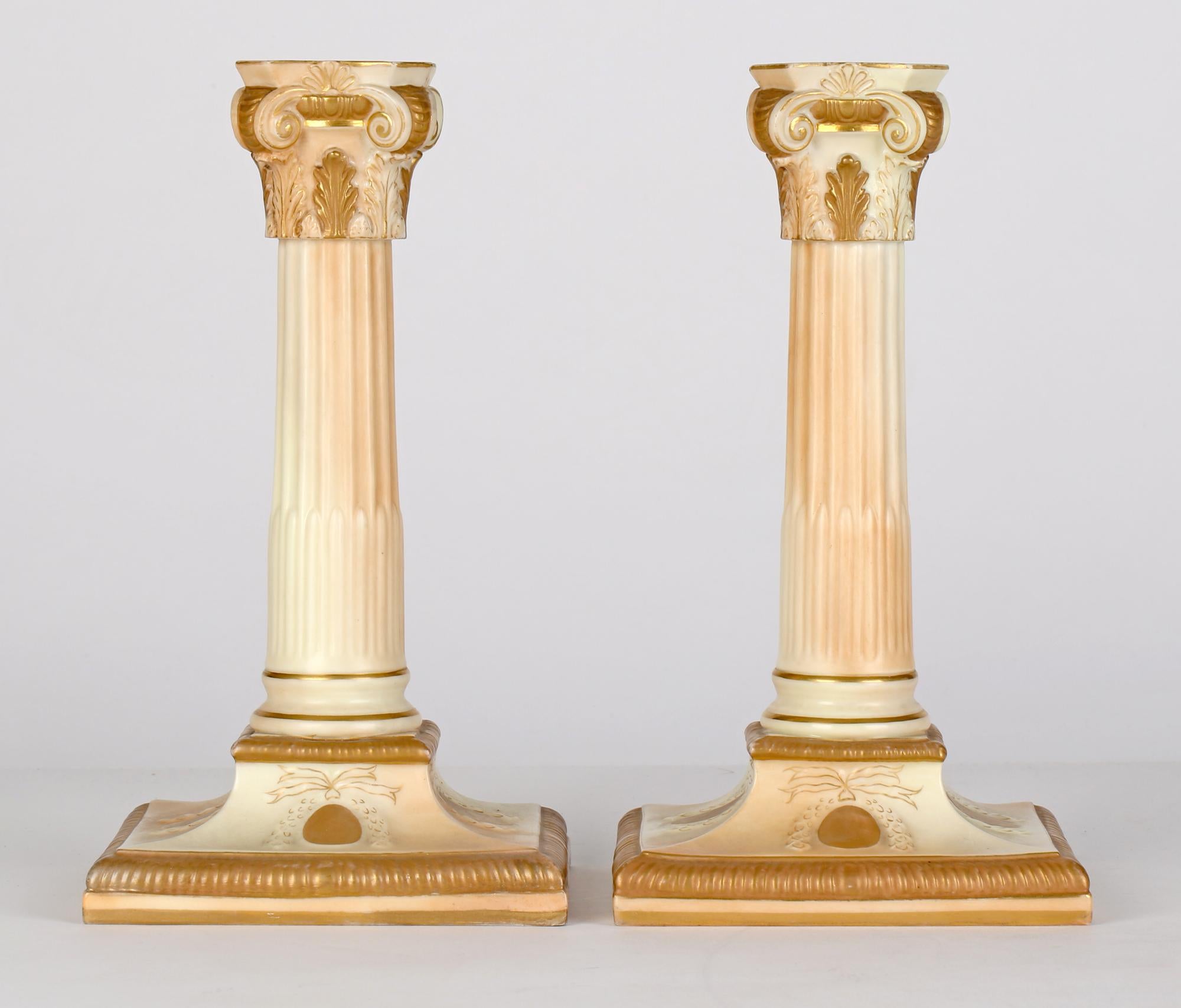 Hand-Painted Royal Worcester Pair Blush Ivory Porcelain Column Candlesticks For Sale