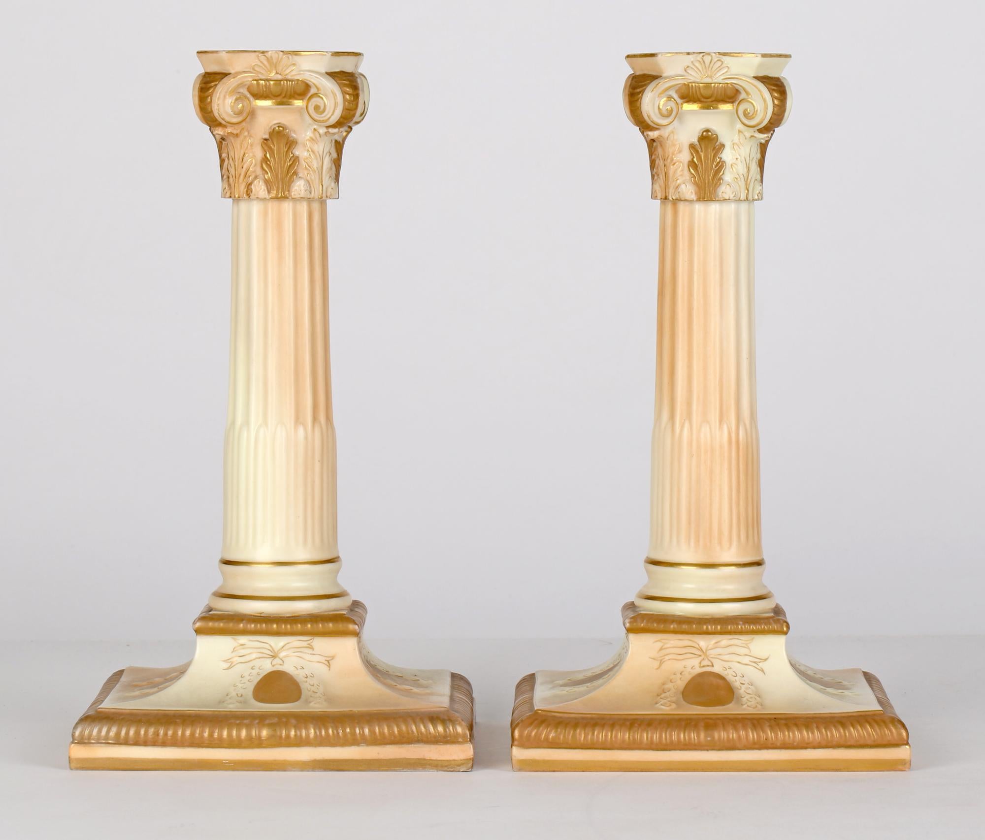 Hand-Painted Royal Worcester Pair Blush Ivory Porcelain Column Candlesticks